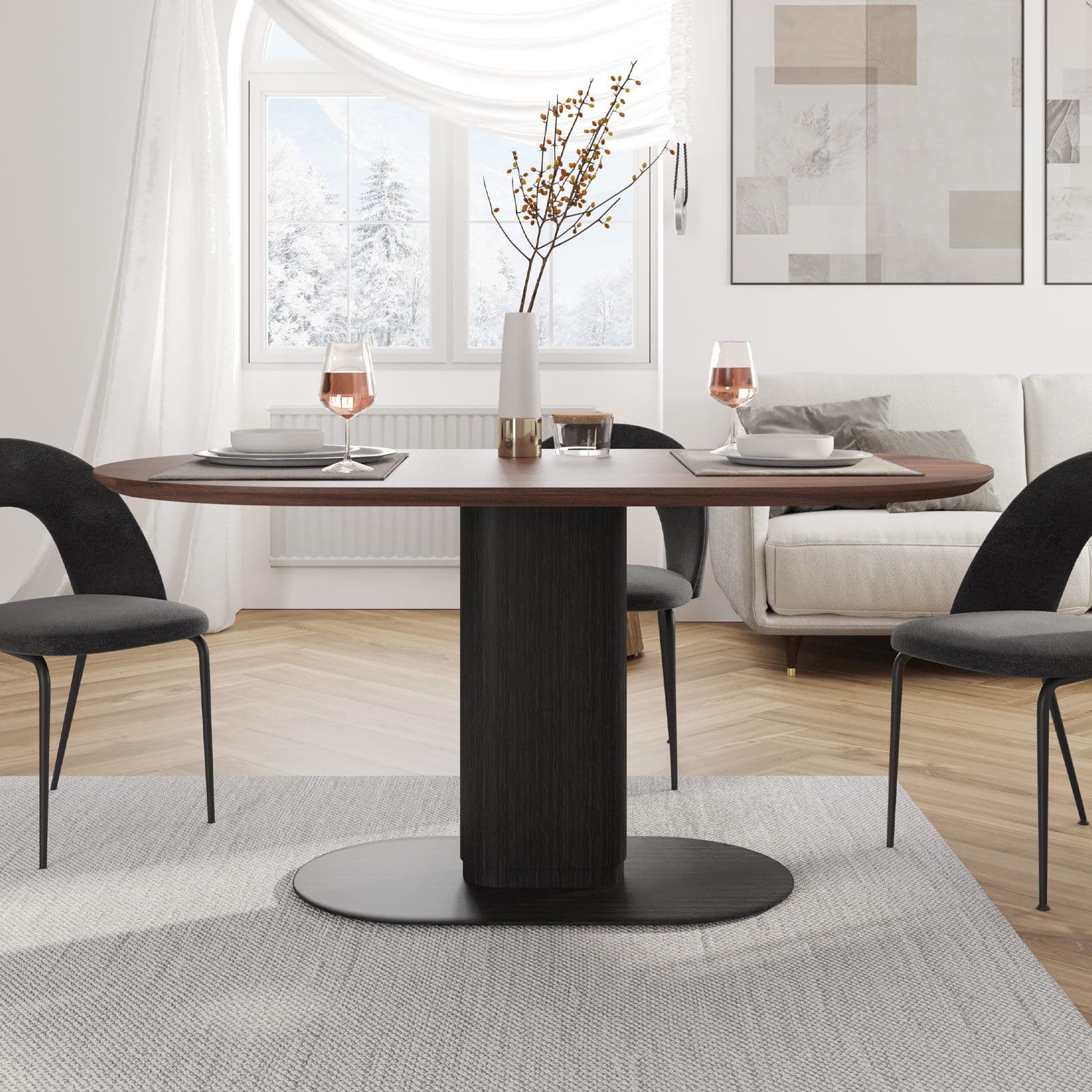 Tavolo da pranzo ovale 180x90 cm top in legno con gamba centrale e base in metallo nero - Raynold