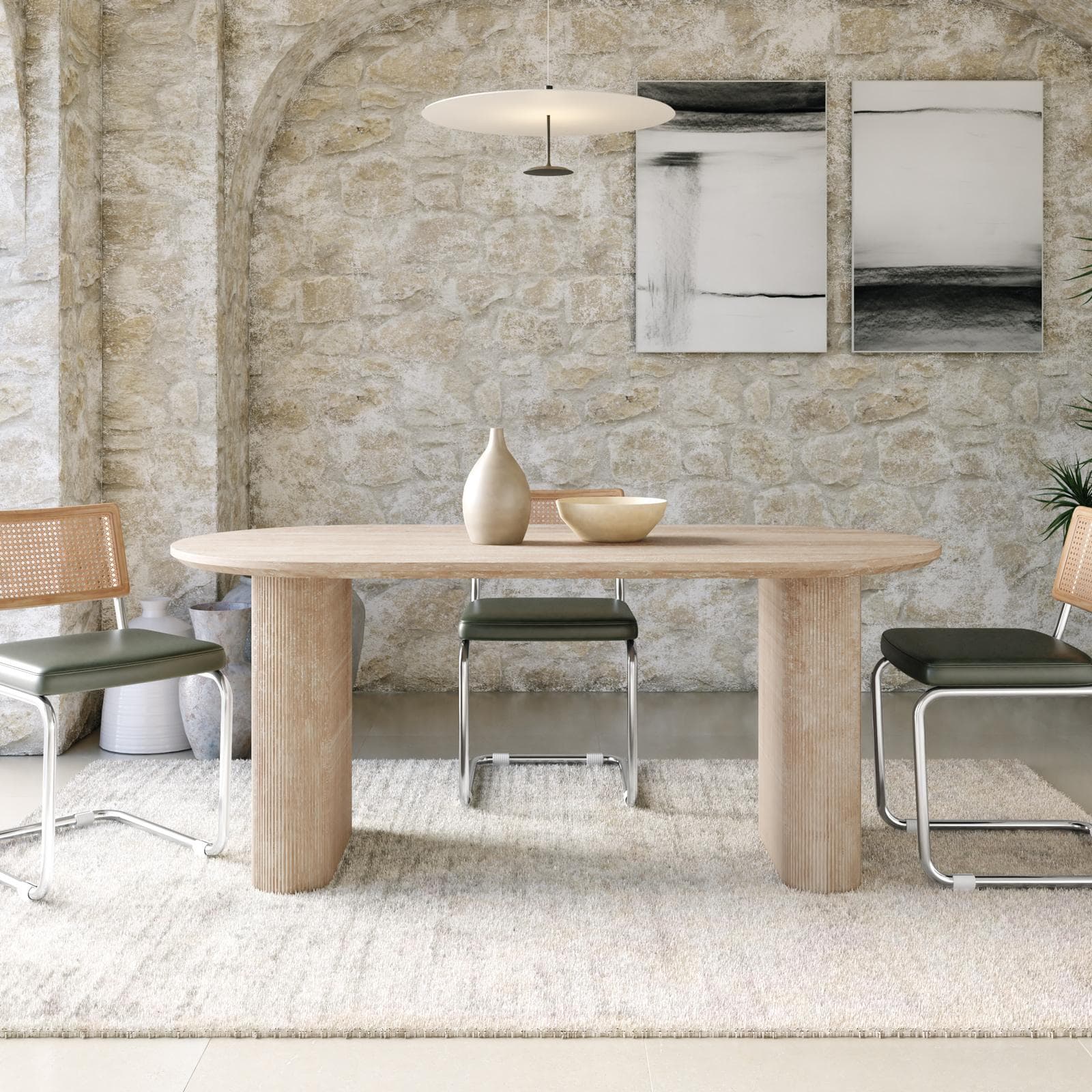 Tavolo da pranzo 180x90 cm beige con top effetto travertino e base cannettata - Gwin
