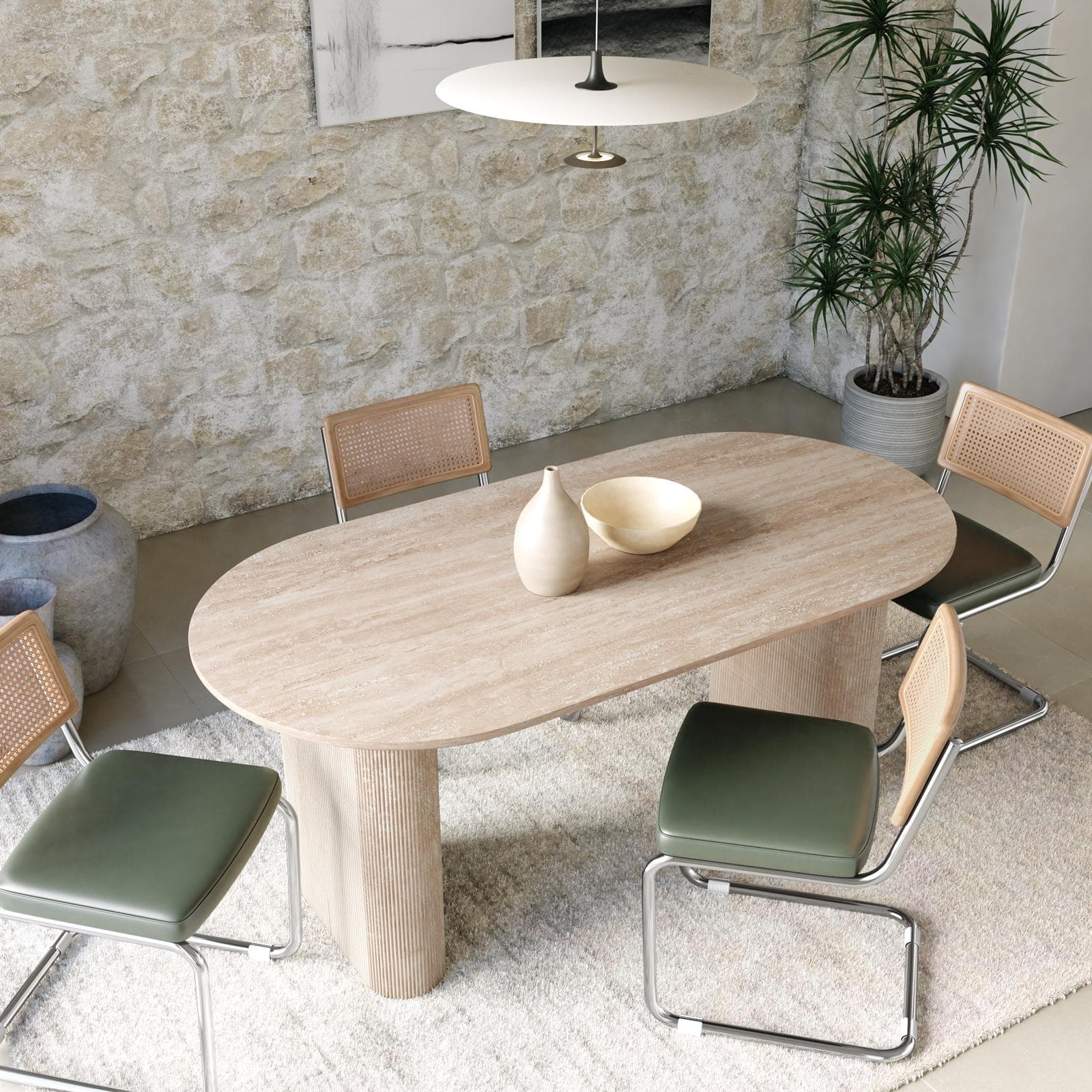 Tavolo da pranzo 180x90 cm beige con top effetto travertino e base cannettata - Gwin