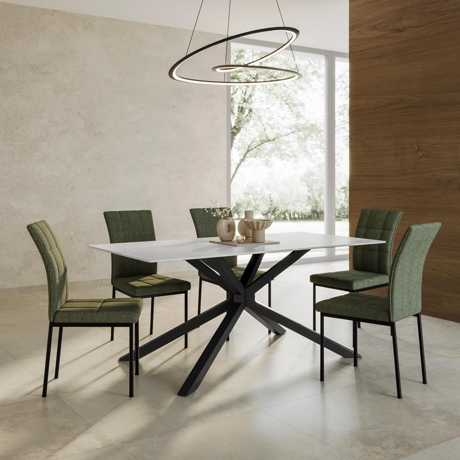 Tavolo da pranzo 180x90 cm con top in ceramica bianco effetto marmo con gambe in metallo nero - Vitus