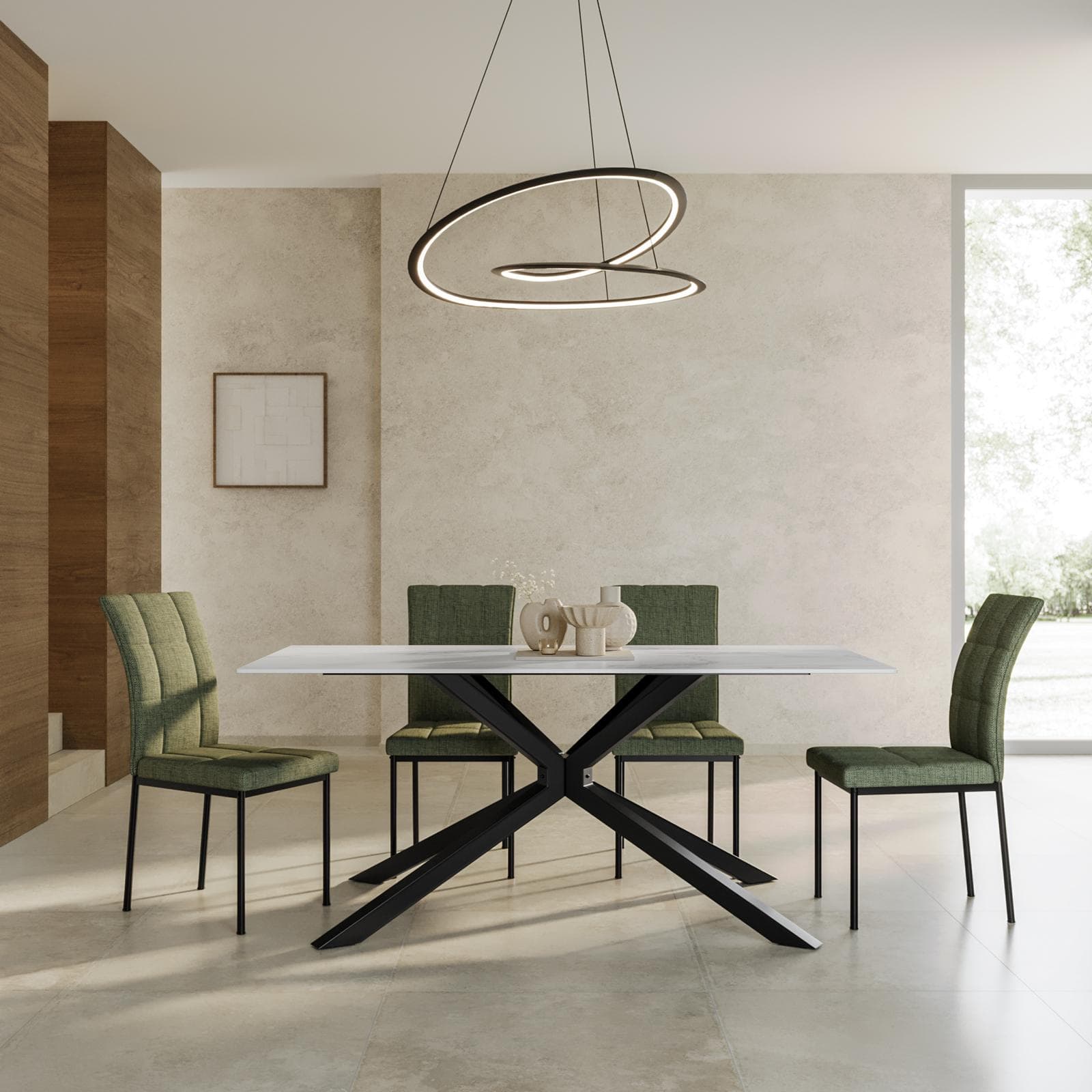 Tavolo da pranzo 180x90 cm con top in ceramica bianco effetto marmo con gambe in metallo nero - Vitus