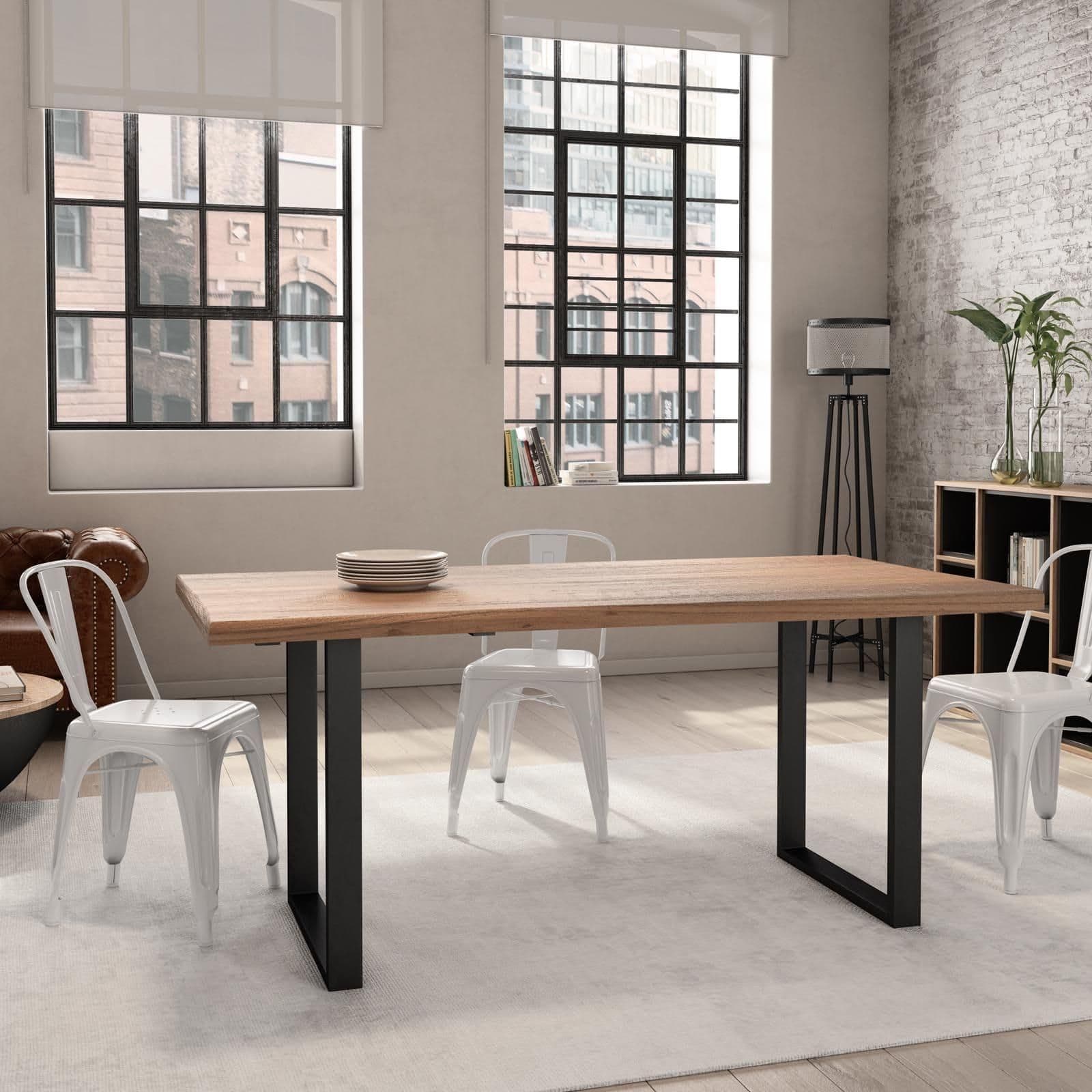 Tavolo 180x90 cm piano in legno di acacia 55 mm e gambe a U 5x5 in metallo nero - Freia Acacia