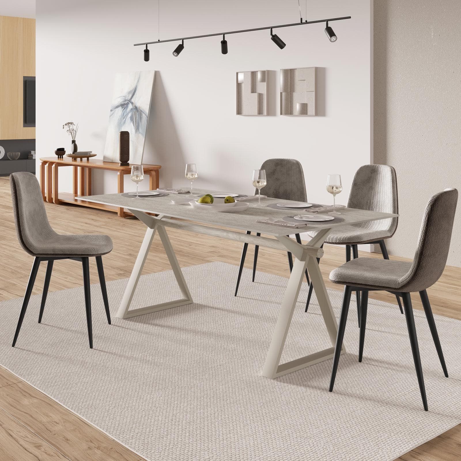 Tavolo da pranzo 180x90 cm piano ceramica 12 mm effetto travertino base in acciaio - Masao XL