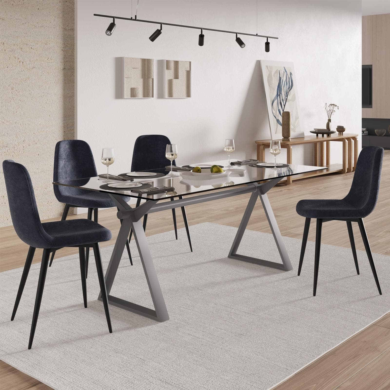 Tavolo da pranzo 180x90 cm piano vetro temperato 10 mm e base in acciaio grigio - Masao XL