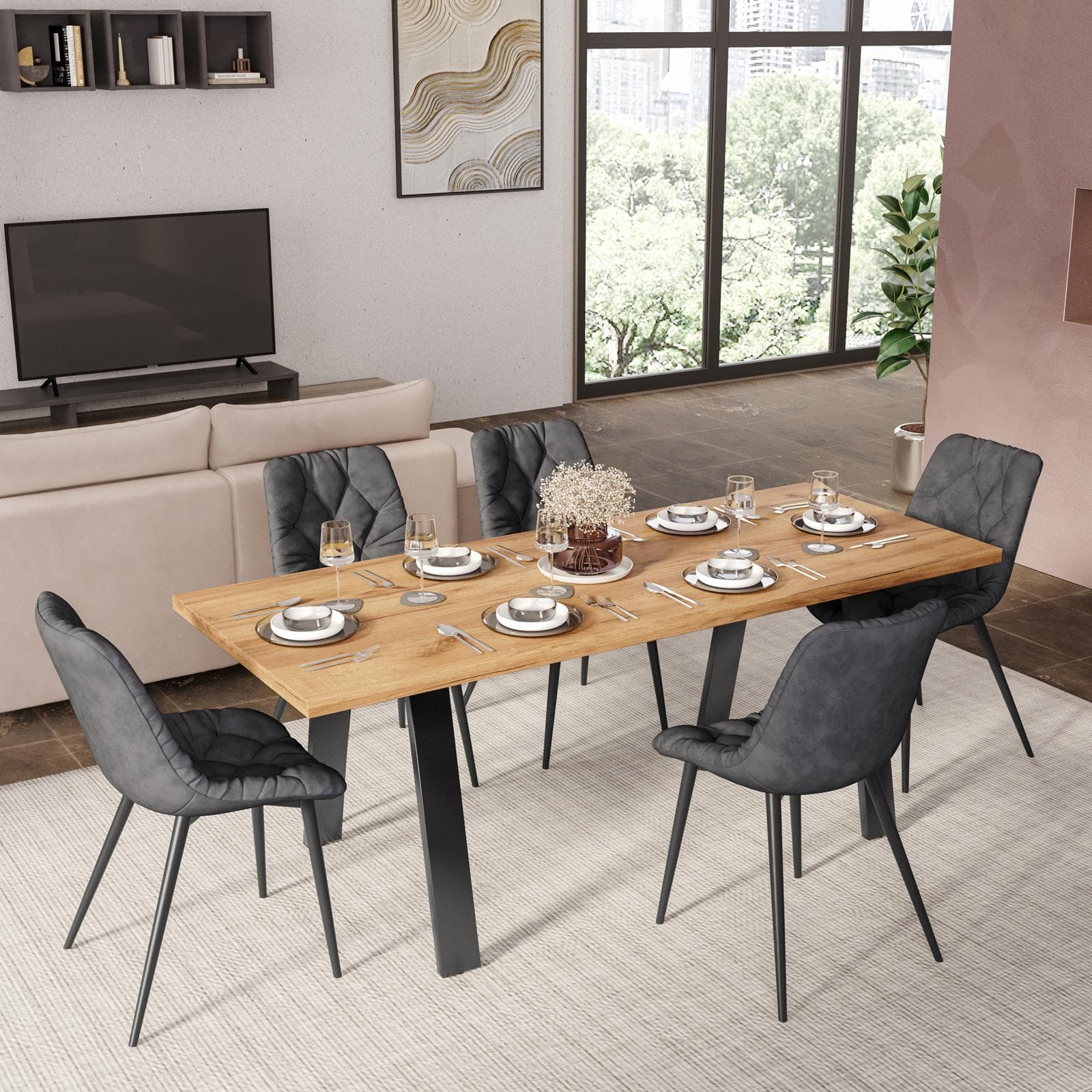 Tavolo da pranzo 180x90 cm top effetto rovere gold 38 mm e gambe in metallo nero - Juls