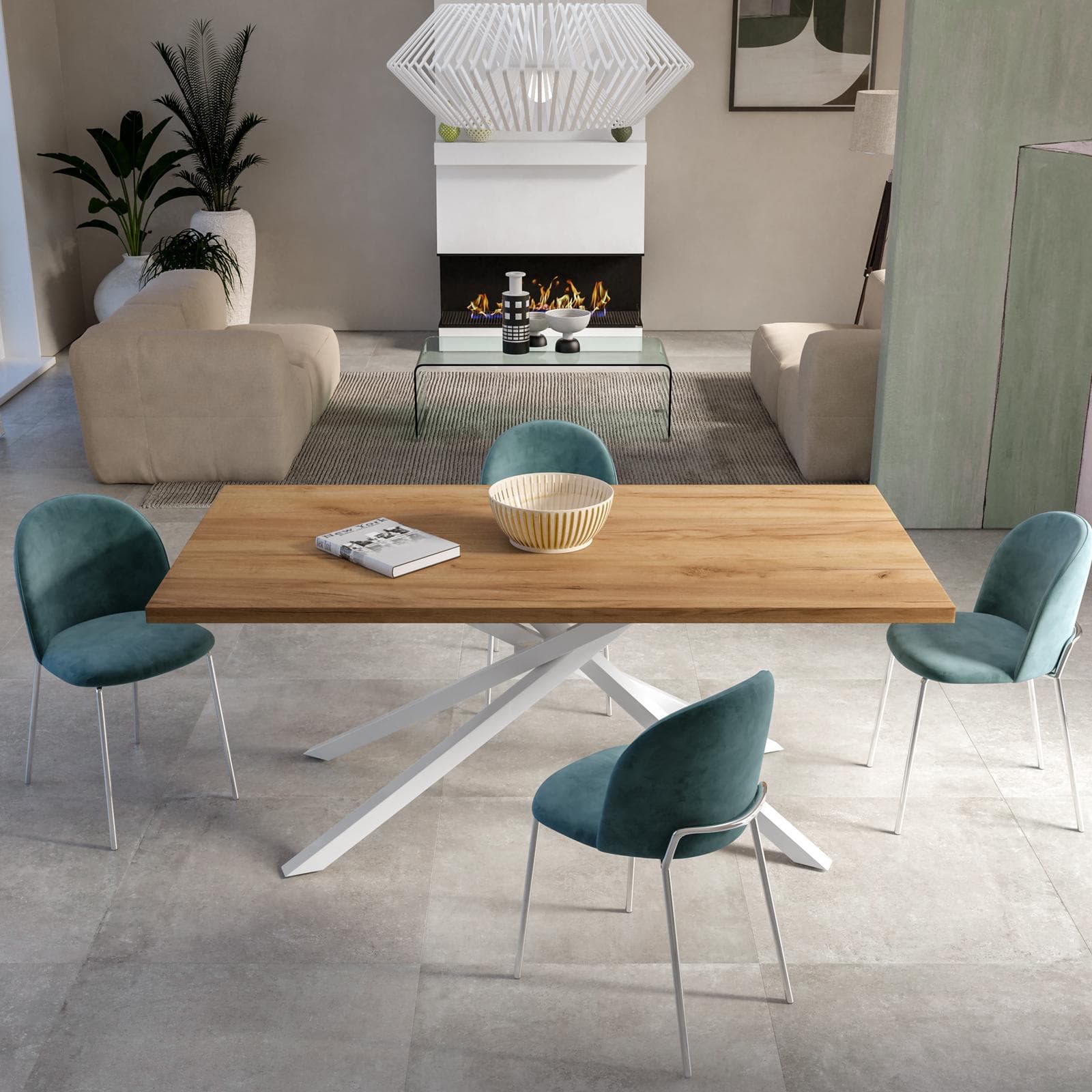 Tavolo da pranzo 180x90 cm top effetto rovere gold 38 mm e gambe incrociate in metallo bianco – Arkeo