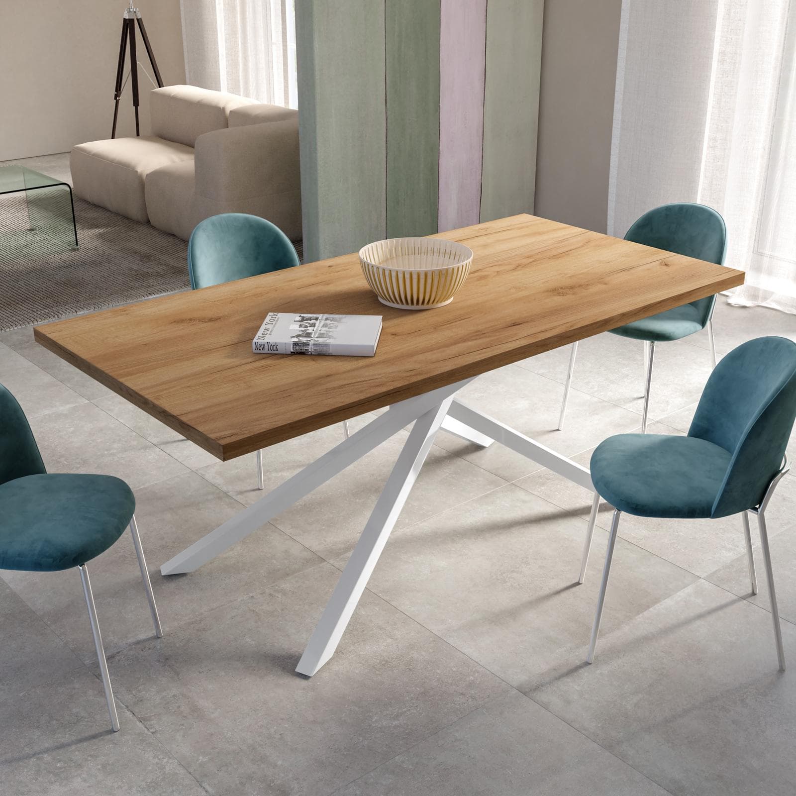 Tavolo da pranzo 180x90 cm top effetto rovere gold 38 mm e gambe incrociate in metallo bianco – Arkeo