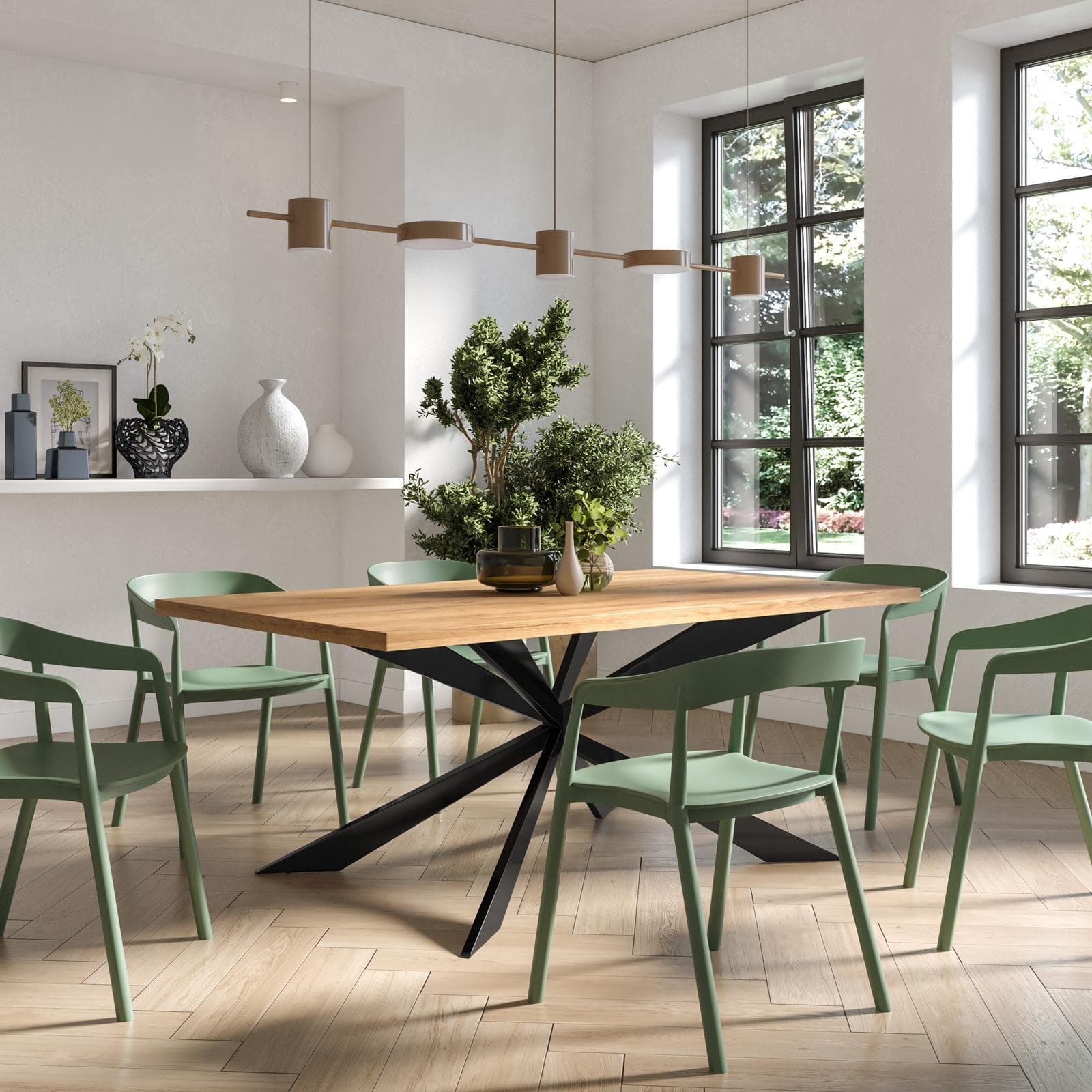 Tavolo da pranzo 180x90 cm top effetto rovere gold 38 mm e gambe incrociate in metallo nero - Manty