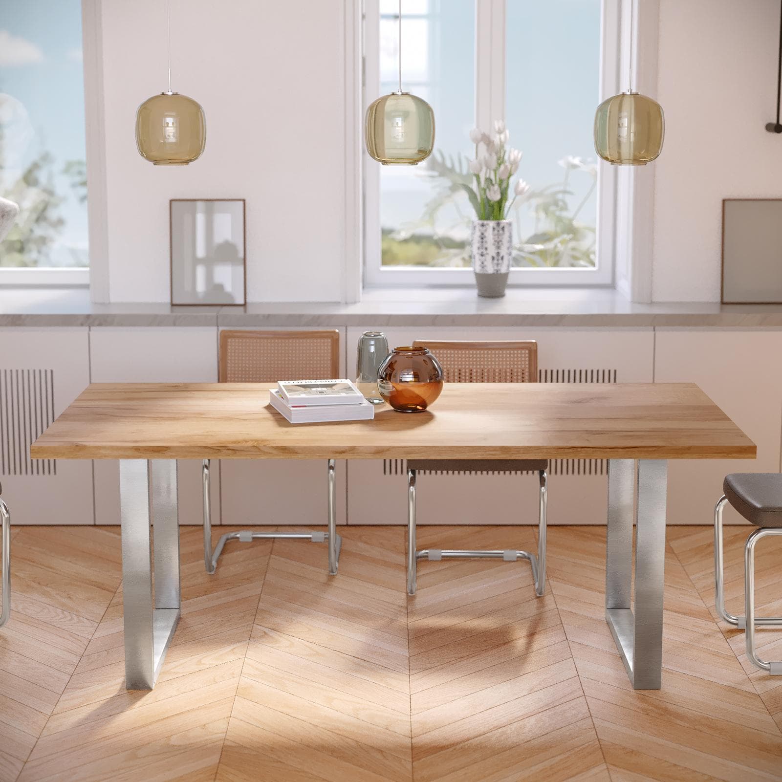 Tavolo da pranzo 180x90 cm top effetto rovere gold 38 mm e gambe a U 8x4 in metallo cromo – Upton