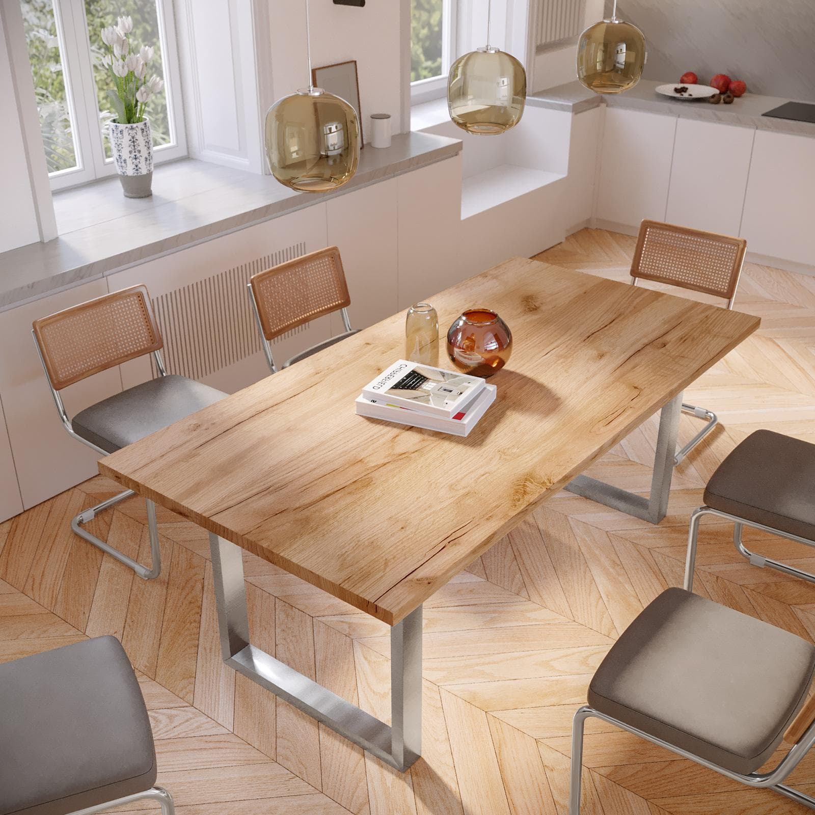 Tavolo da pranzo 180x90 cm top effetto rovere gold 38 mm e gambe a U 8x4 in metallo cromo – Upton