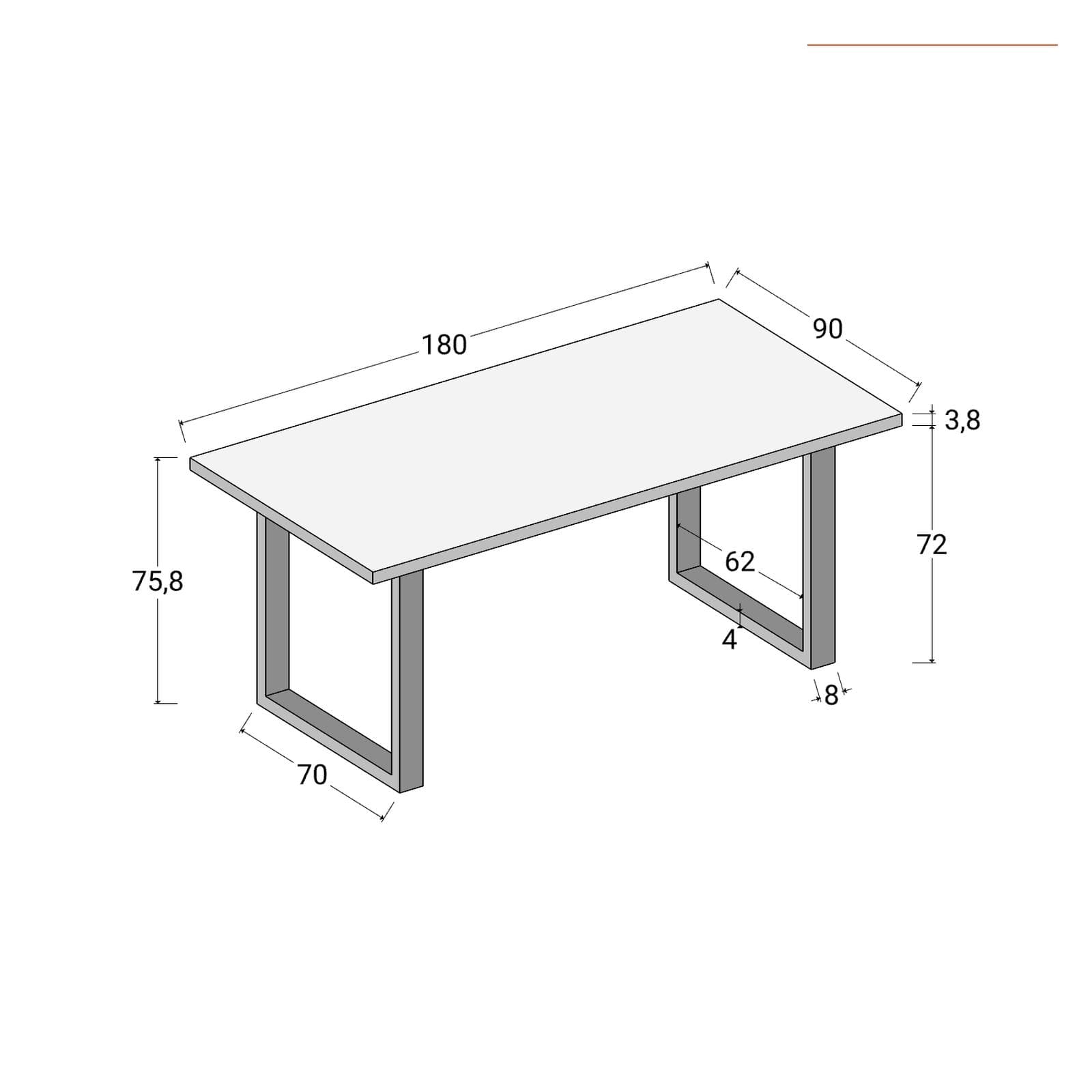 Tavolo da pranzo 180x90 cm top effetto rovere gold 38 mm e gambe a U 8x4 in metallo cromo – Upton