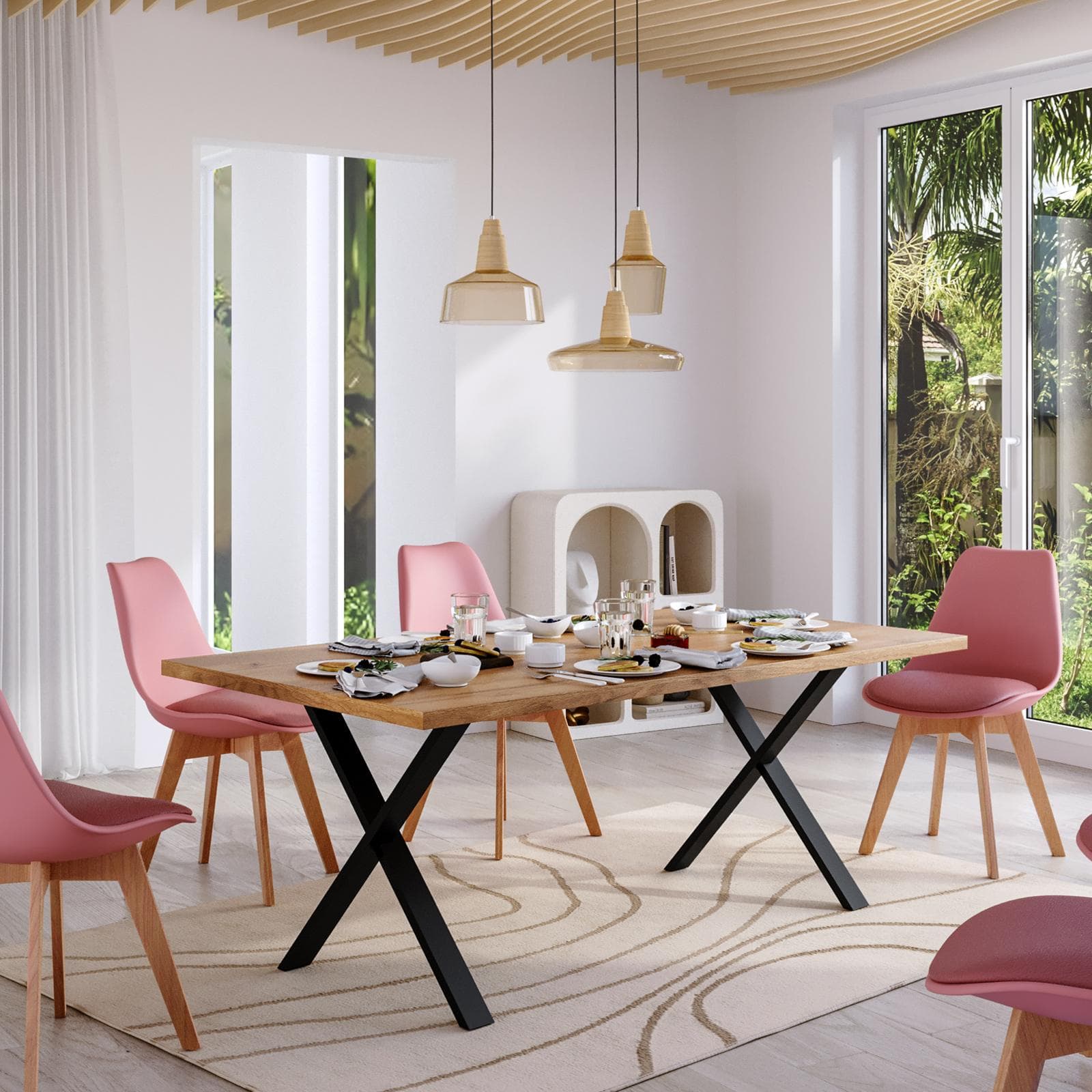 Tavolo da pranzo 180x90 cm top effetto rovere gold 38 mm e gambe a X 8x4 in metallo nero – Luxio