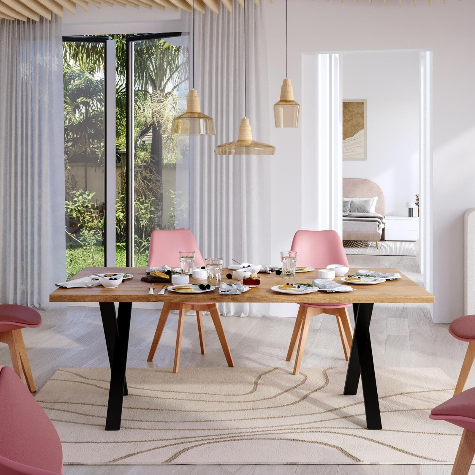 Tavolo da pranzo 180x90 cm top effetto rovere gold 38 mm e gambe a X 8x4 in metallo nero – Luxio