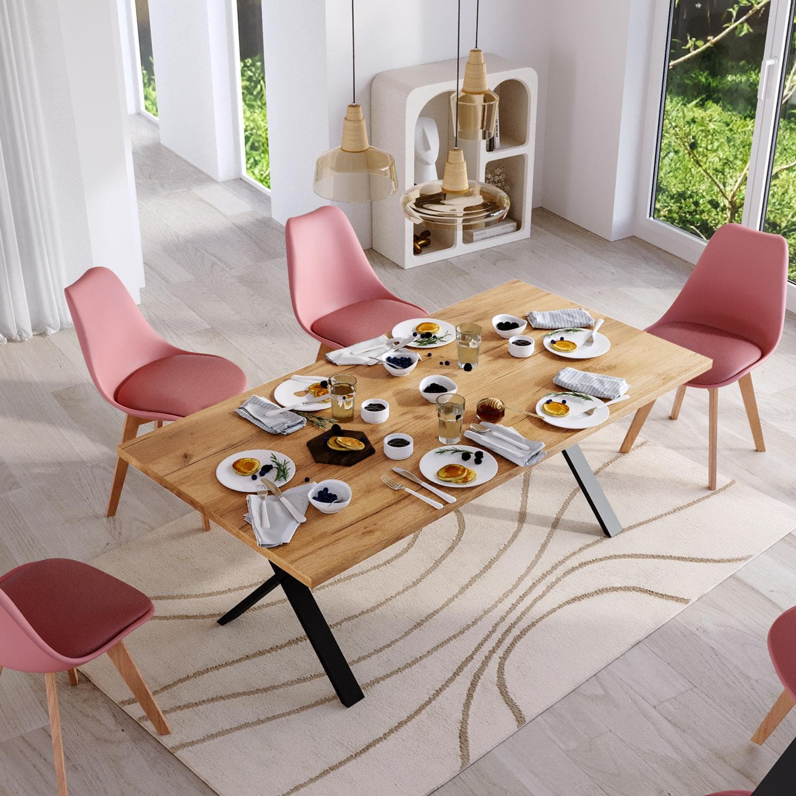 Tavolo da pranzo 180x90 cm top effetto rovere gold 38 mm e gambe a X 8x4 in metallo nero – Luxio