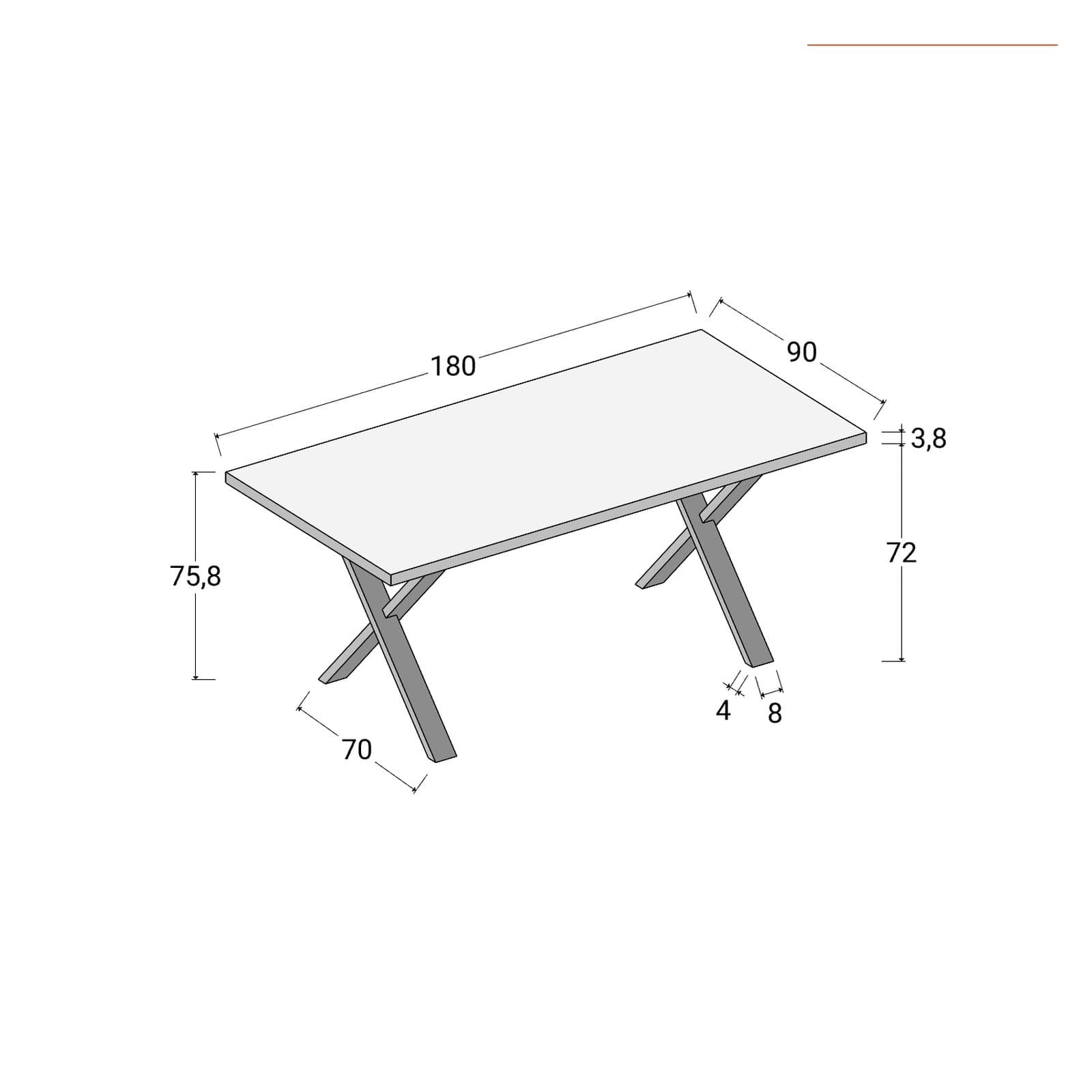Tavolo da pranzo 180x90 cm top effetto rovere gold 38 mm e gambe a X 8x4 in metallo nero – Luxio