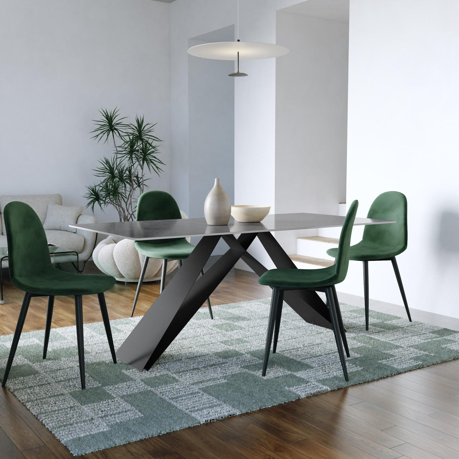 Tavolo da pranzo 180x90 cm top in ceramica grigio effetto cloud e gambe in acciaio nero - Nadul