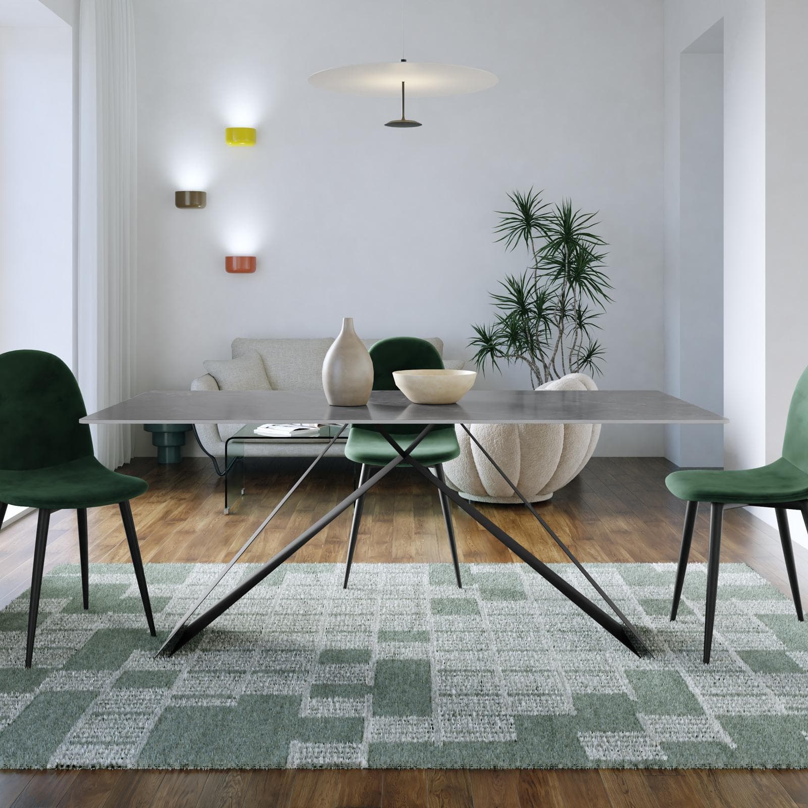Tavolo da pranzo 180x90 cm top in ceramica grigio effetto cloud e gambe in acciaio nero - Nadul