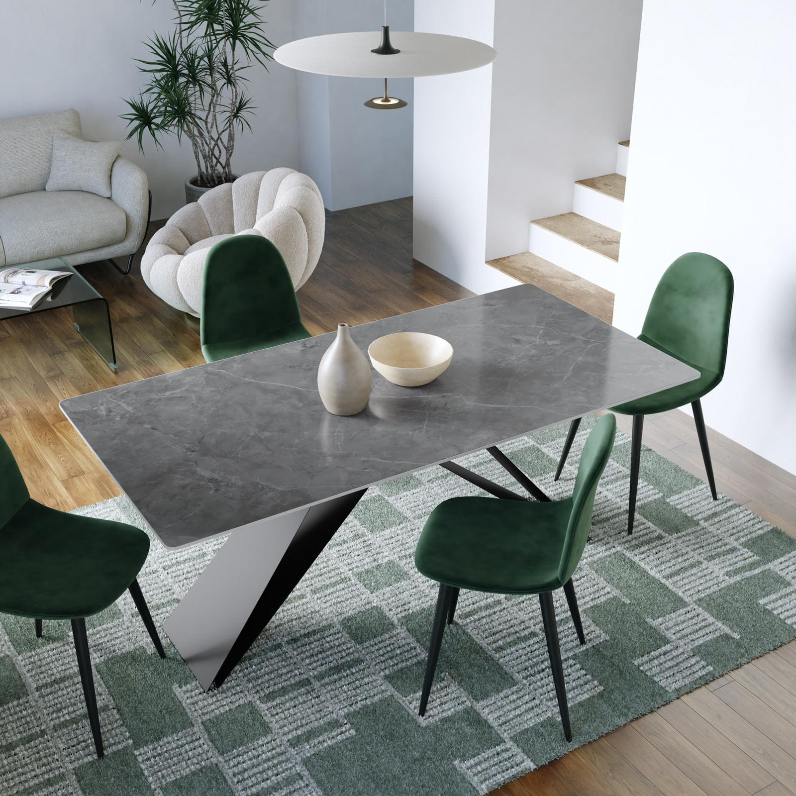 Tavolo da pranzo 180x90 cm top in ceramica grigio effetto cloud e gambe in acciaio nero - Nadul