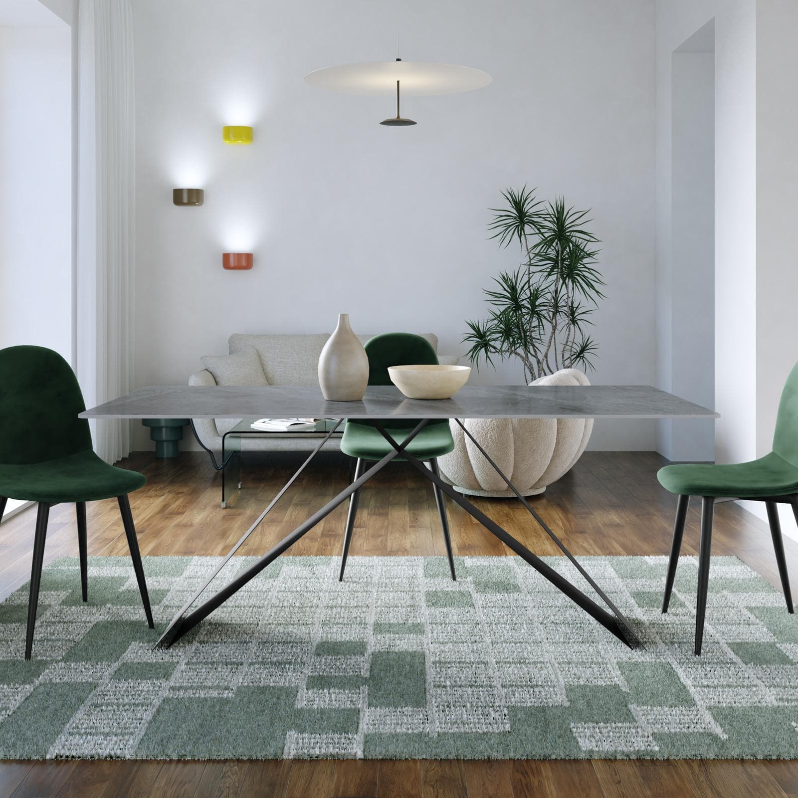 Tavolo da pranzo 180x90 cm top in ceramica antracite effetto plumbo e gambe in acciaio nero - Nadul