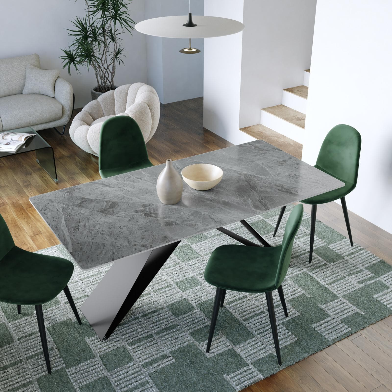Tavolo da pranzo 180x90 cm top in ceramica antracite effetto plumbo e gambe in acciaio nero - Nadul