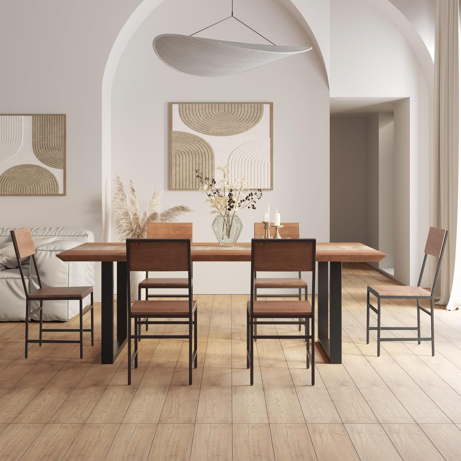 Tavolo da pranzo 220x100 top in legno di acacia 50mm con dettaglio effetto pietra e gambe in metallo nero - Mhalt