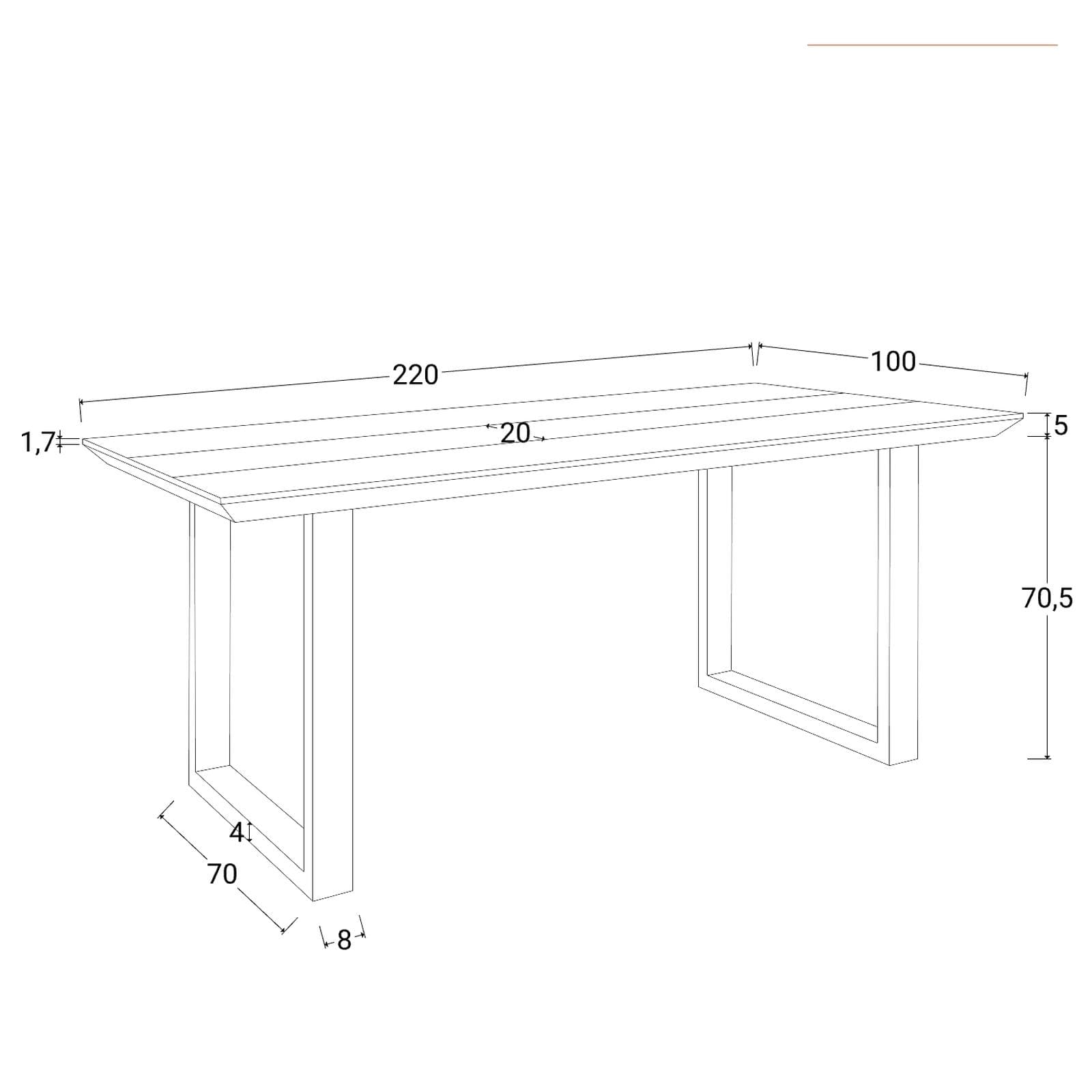 Tavolo da pranzo 220x100 top in legno di acacia 50mm con dettaglio effetto pietra e gambe in metallo nero - Mhalt