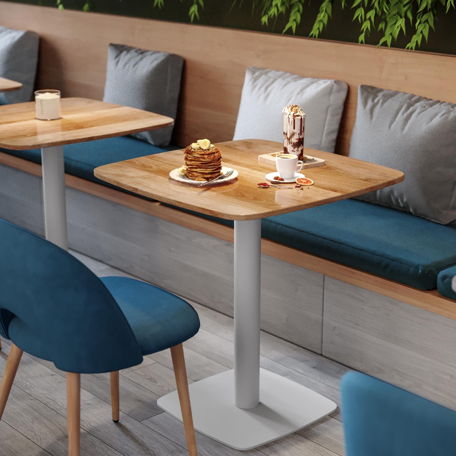 Tavolo da pranzo 60x60 cm top effetto rovere scuro con bordi arrotondati e base in metallo bianco - Caio Round