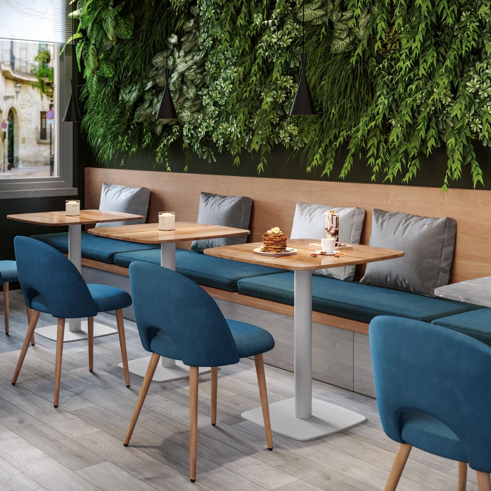 Tavolo da pranzo 60x60 cm top effetto rovere scuro con bordi arrotondati e base in metallo bianco - Caio Round