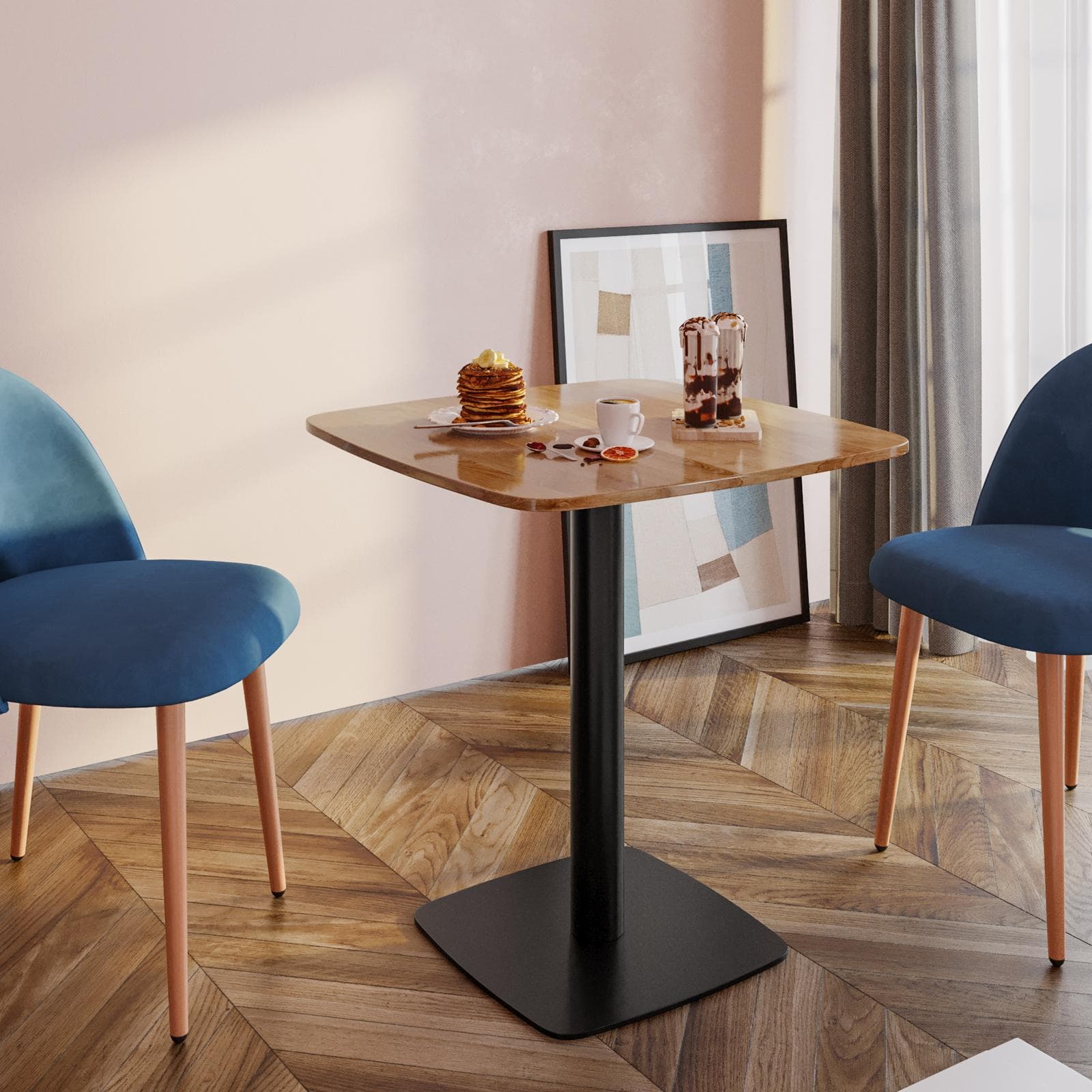Tavolo da pranzo 70x70 cm top effetto rovere scuro con bordi arrotondati e base in metallo nero - Caio Round