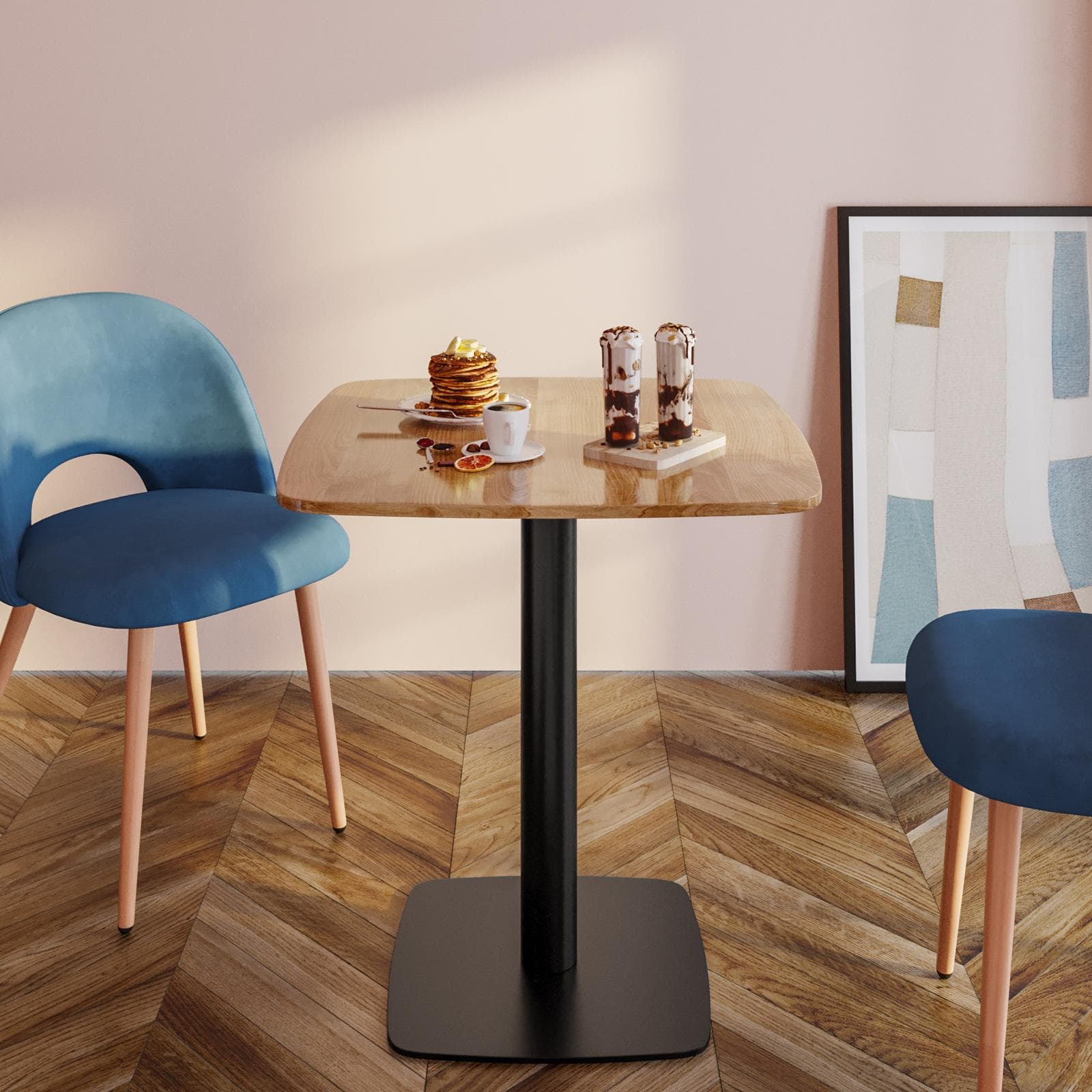 Tavolo da pranzo 70x70 cm top effetto rovere scuro con bordi arrotondati e base in metallo nero - Caio Round