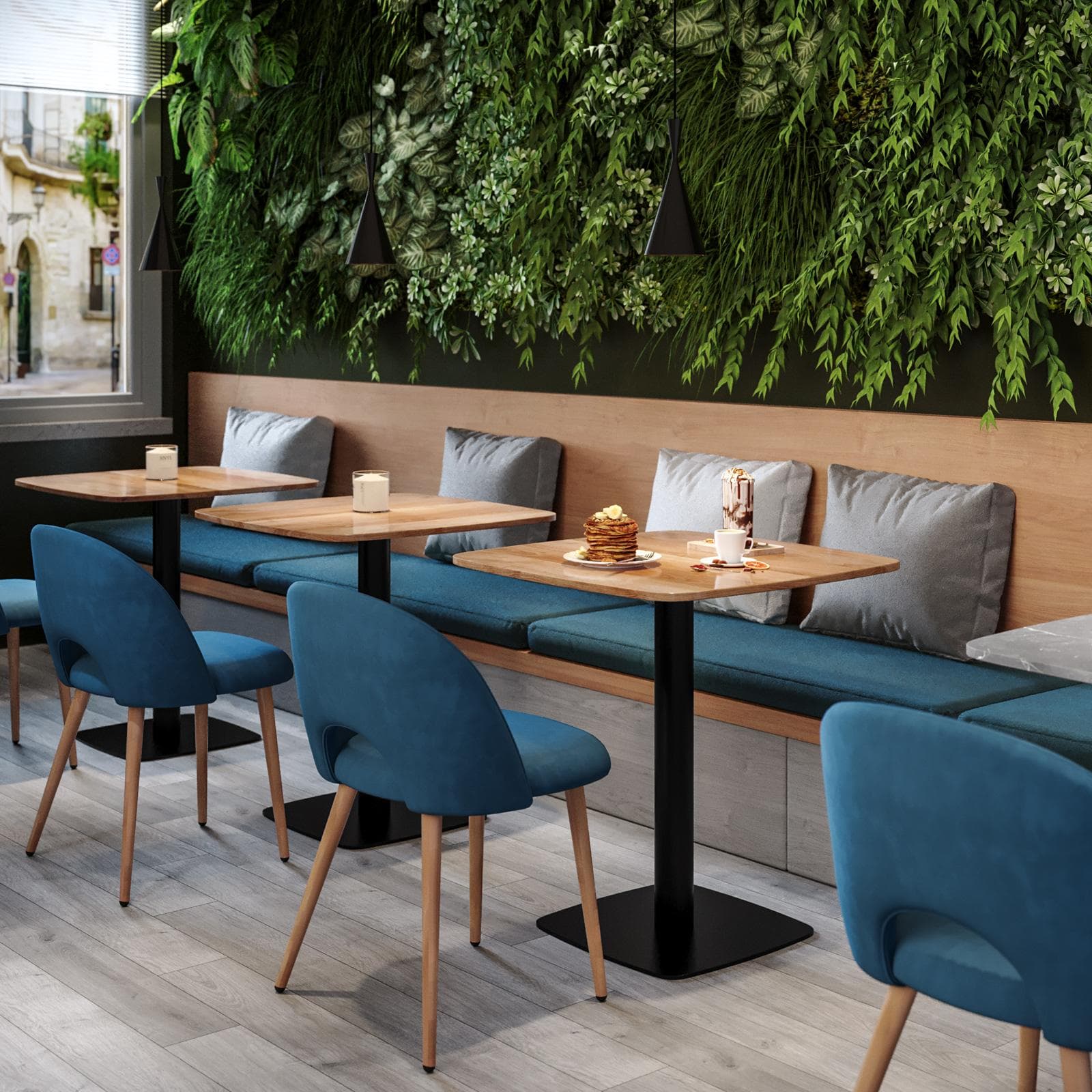 Tavolo da pranzo 70x70 cm top effetto rovere scuro con bordi arrotondati e base in metallo nero - Caio Round