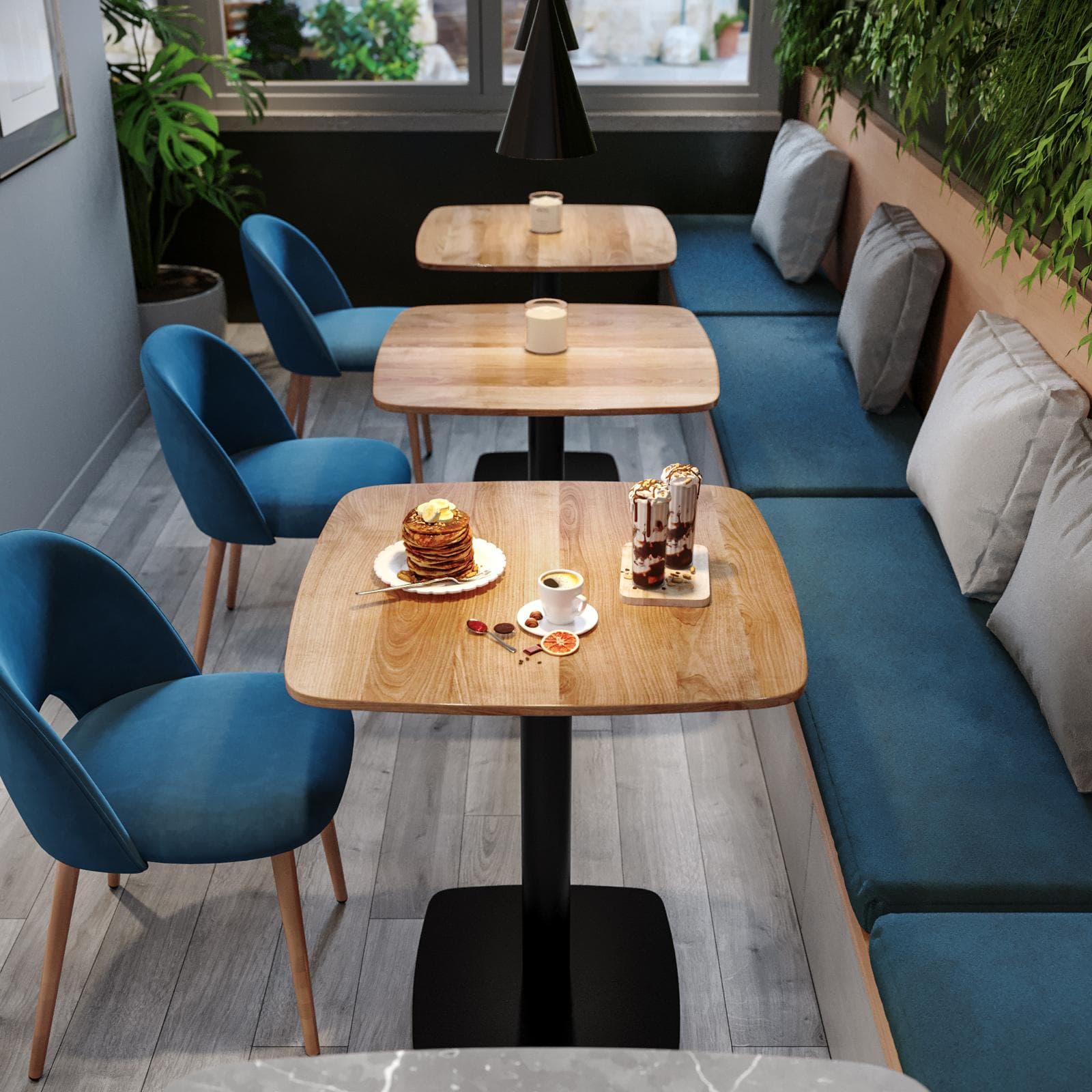 Tavolo da pranzo 70x70 cm top effetto rovere scuro con bordi arrotondati e base in metallo nero - Caio Round
