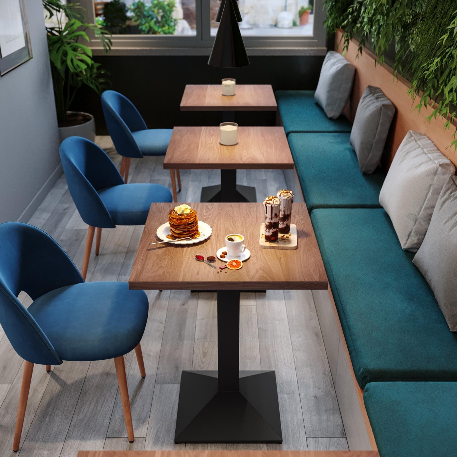 Tavolo da pranzo 80x80 cm con top effetto rovere scuro e base in metallo nero - Caio