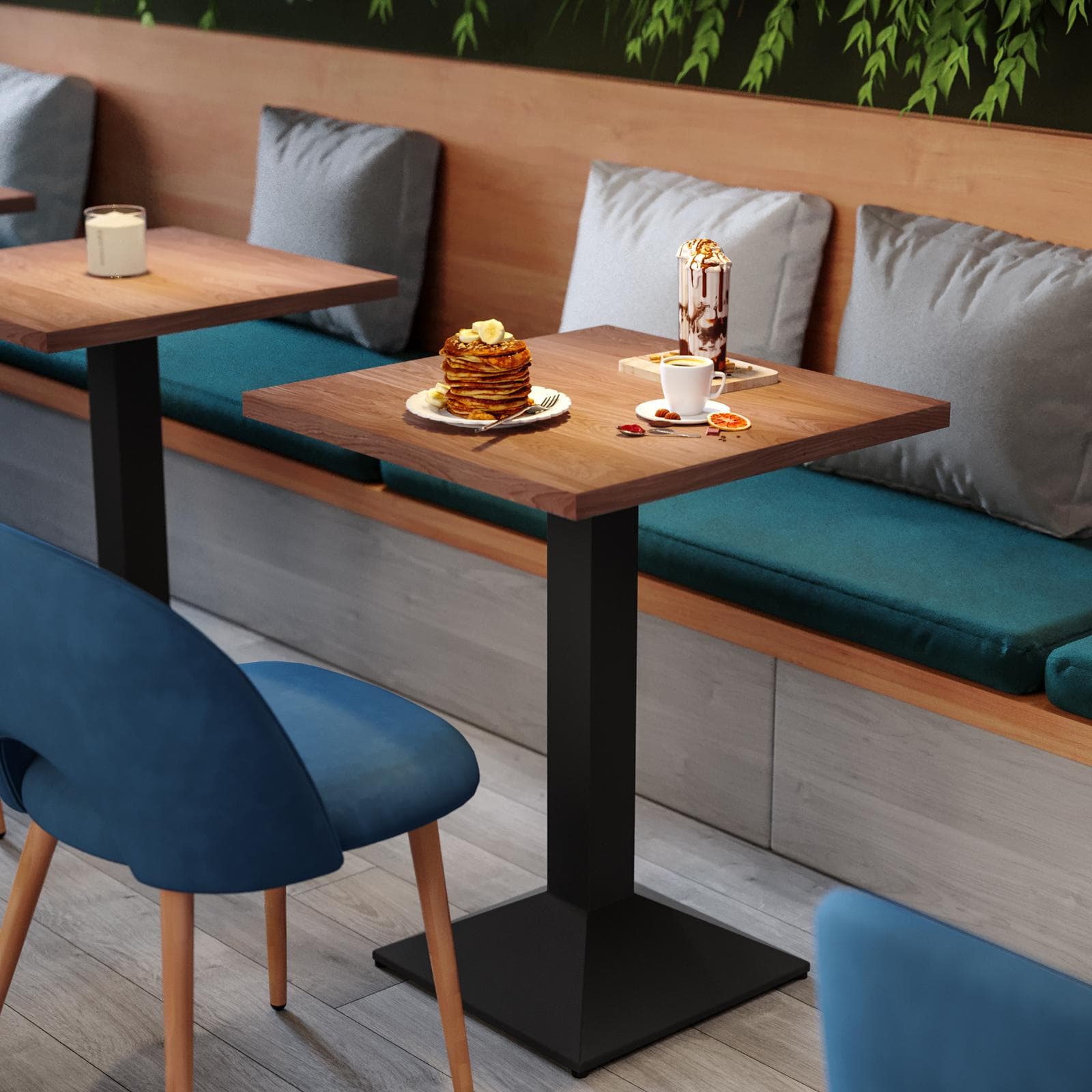 Tavolo da pranzo 80x80 cm con top effetto rovere scuro e base in metallo nero - Caio