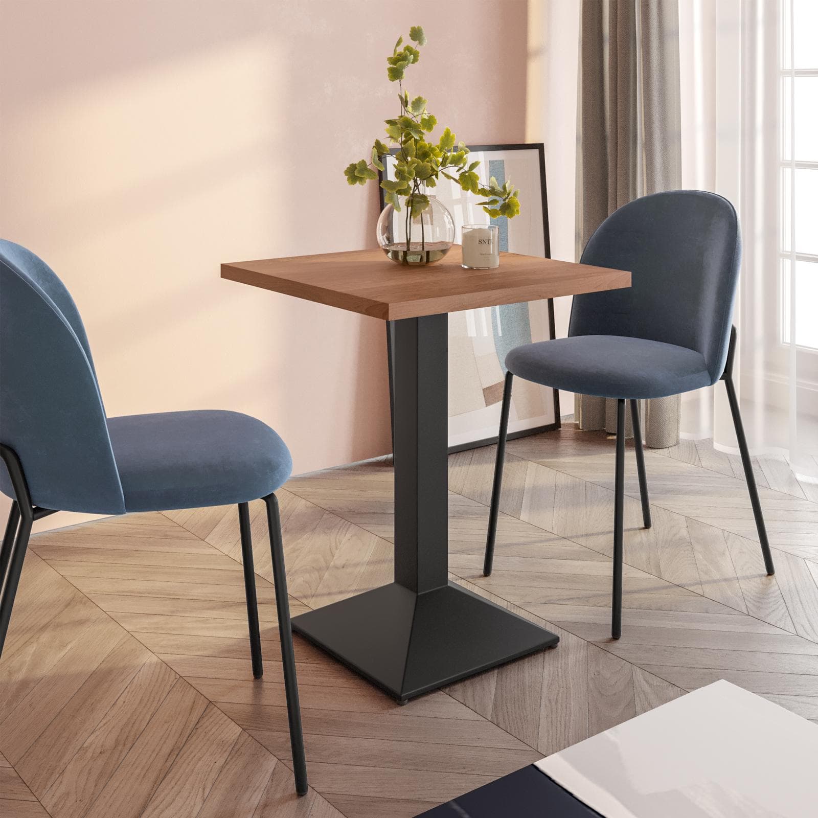 Tavolo da pranzo 80x80 cm con top effetto rovere scuro e base in metallo nero - Caio