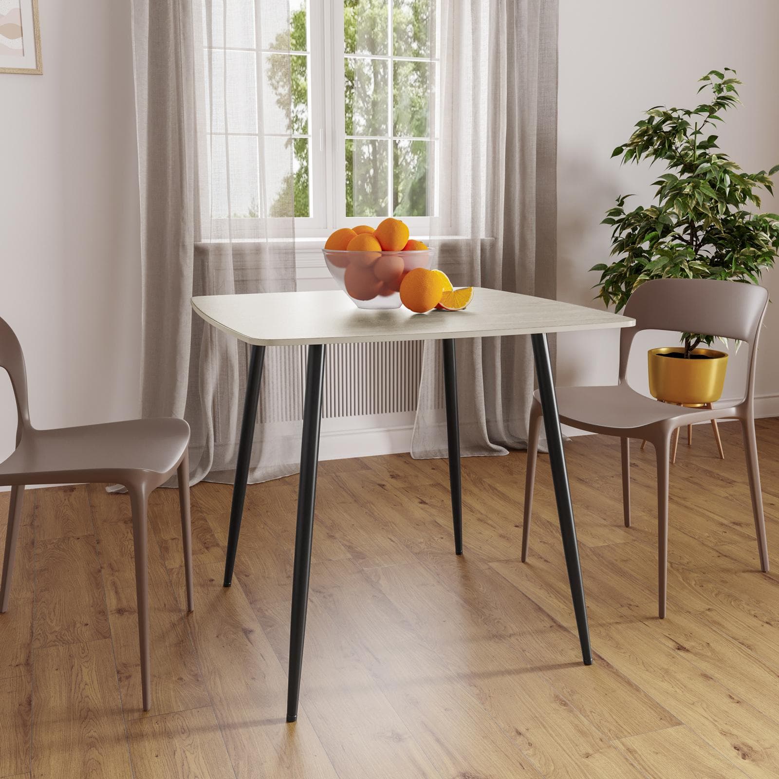 Tavolo da pranzo 90x90 cm con top in pietra sinterizzata effetto travertino e gambe nere - Calix