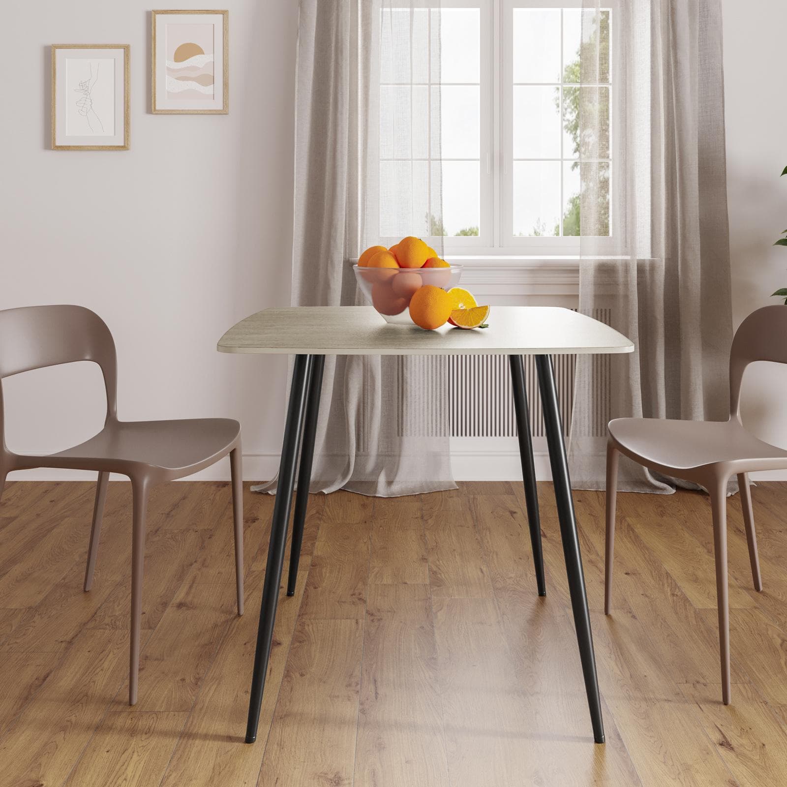 Tavolo da pranzo 90x90 cm con top in pietra sinterizzata effetto travertino e gambe nere - Calix