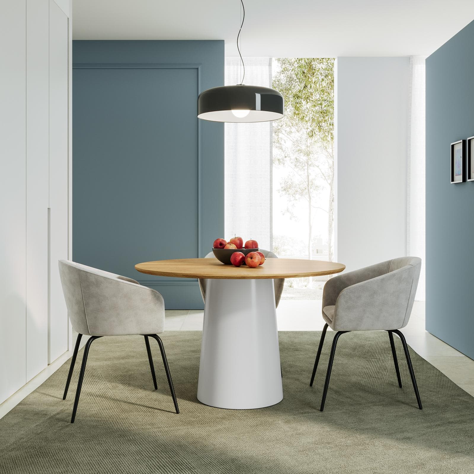 Tavolo da pranzo rotondo 120 cm con top rovere e base bianco opaco - Bokhee