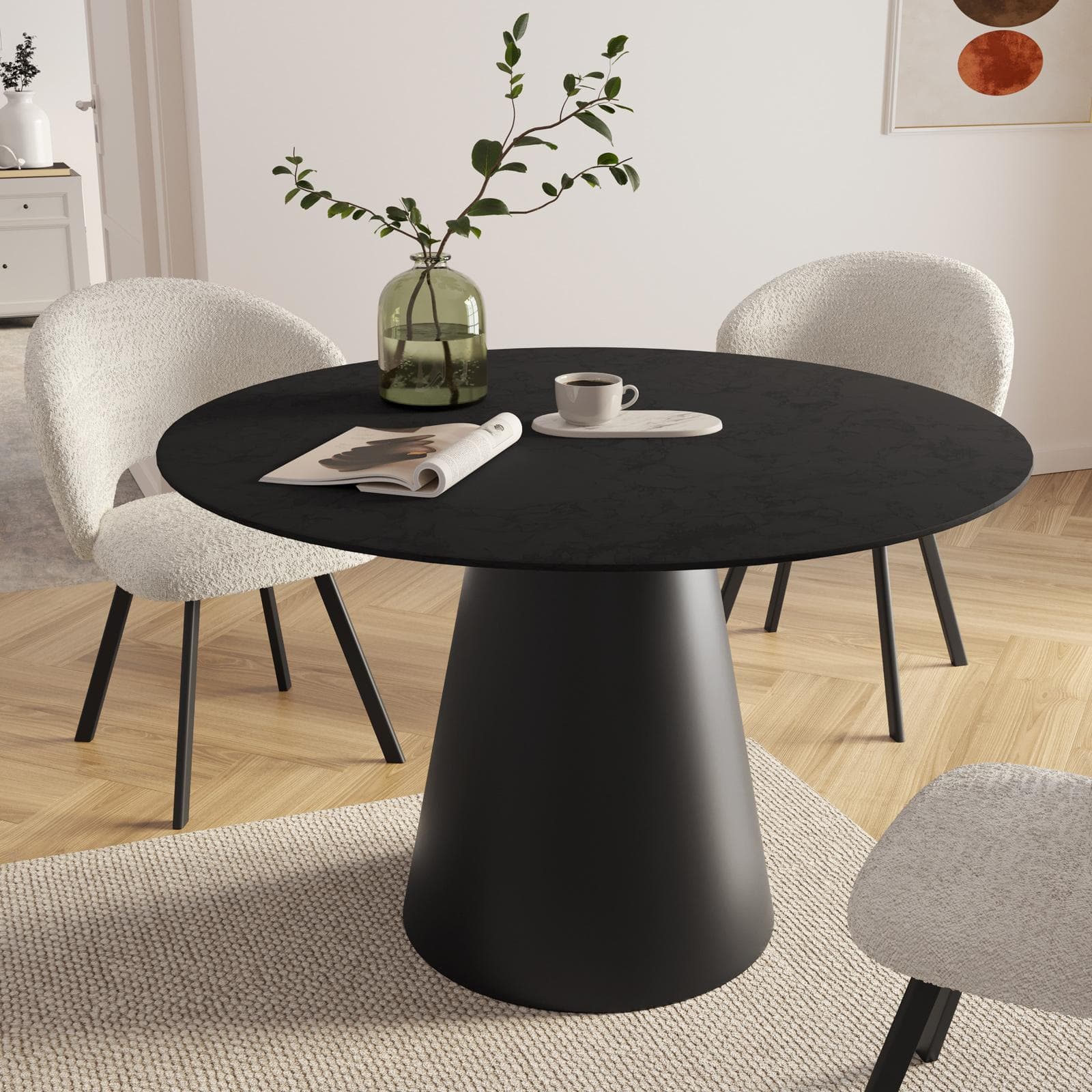 Tavolo da pranzo rotondo 120 cm nero con top effetto marmo - Gourmel
