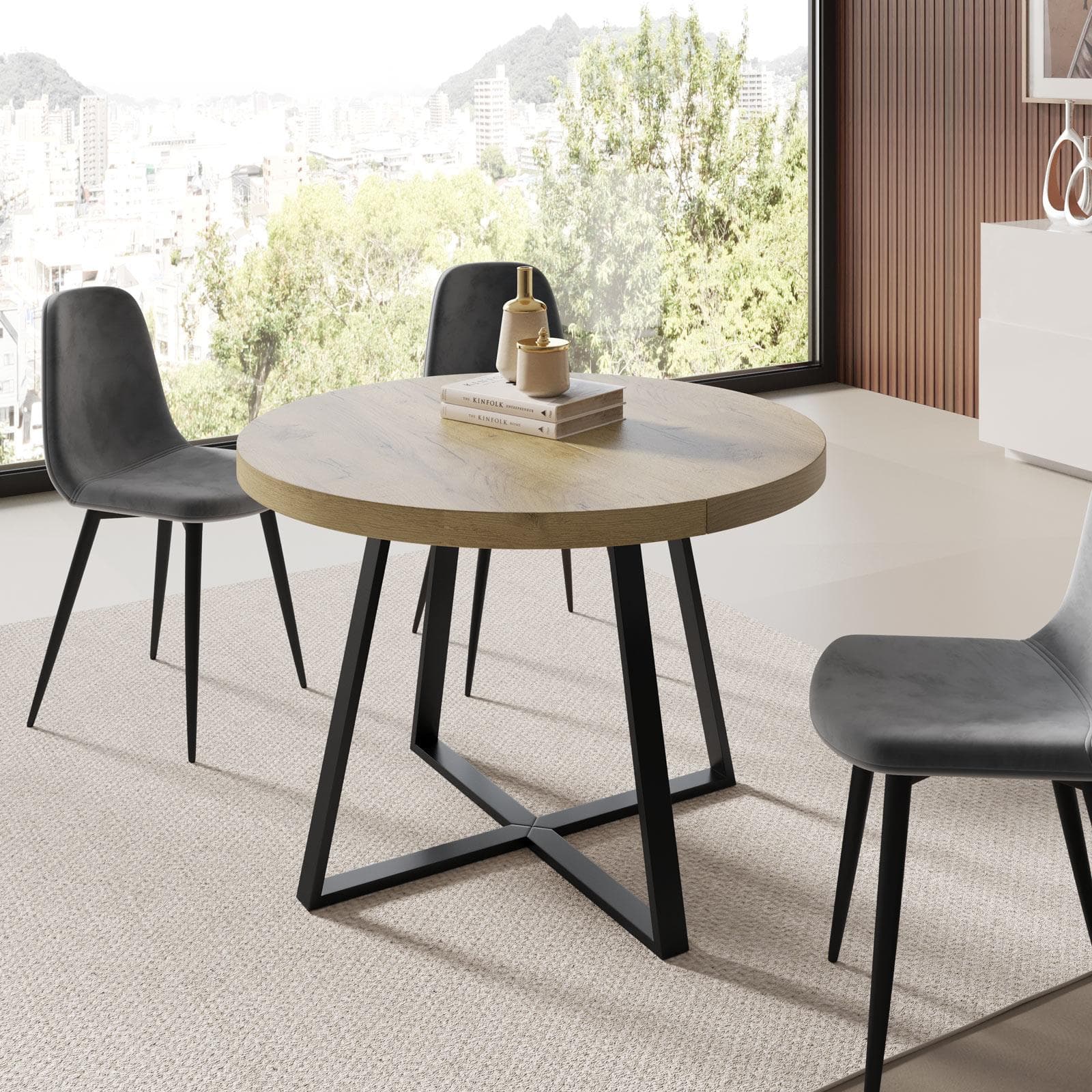 Tavolo da pranzo rotondo allungabile 110-158x110 cm con top rovere nordico e gambe nere - Daina