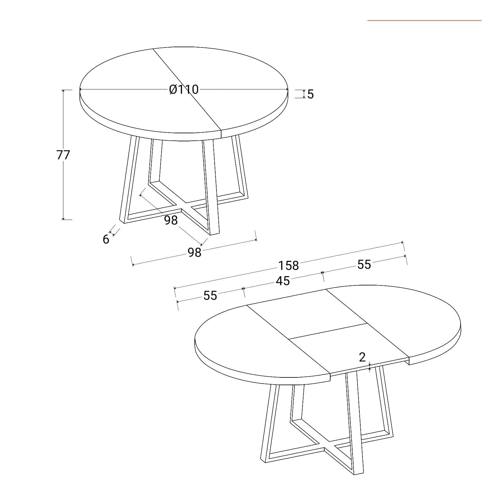 Tavolo da pranzo rotondo allungabile 110-158x110 cm con top rovere nordico e gambe nere - Daina