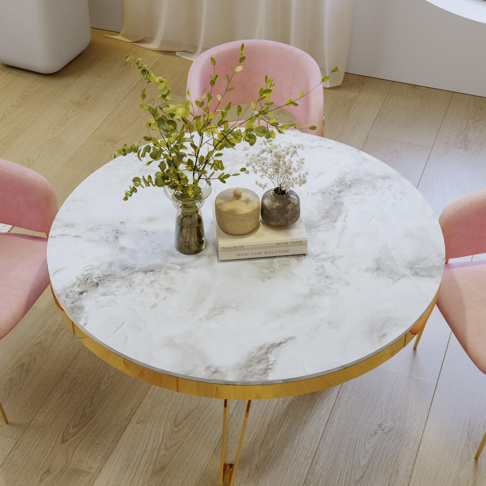 Tavolo da pranzo rotondo 130 cm top in marmo e struttura in acciaio finitura oro - Mardin