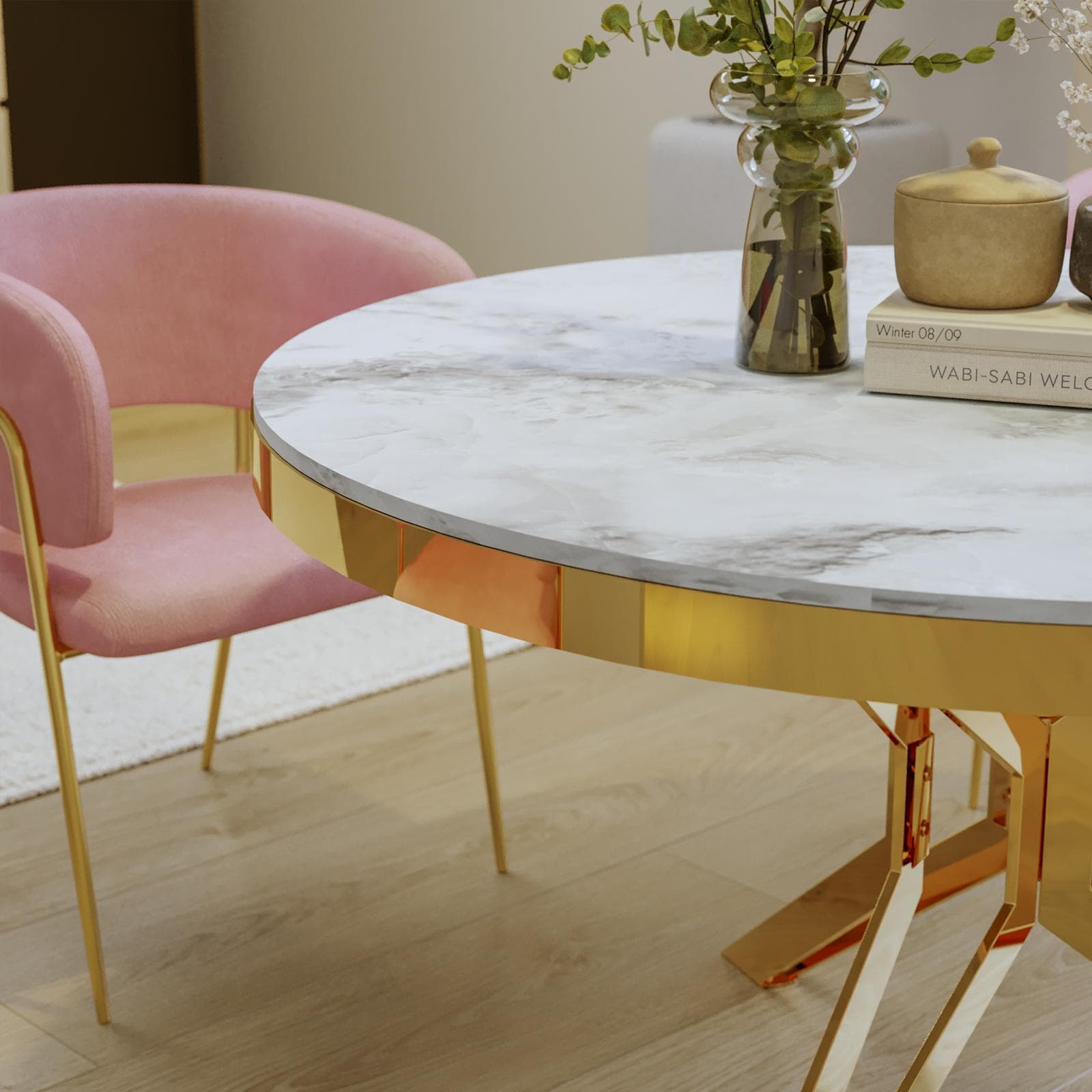 Tavolo da pranzo rotondo 130 cm top in marmo e struttura in acciaio finitura oro - Mardin