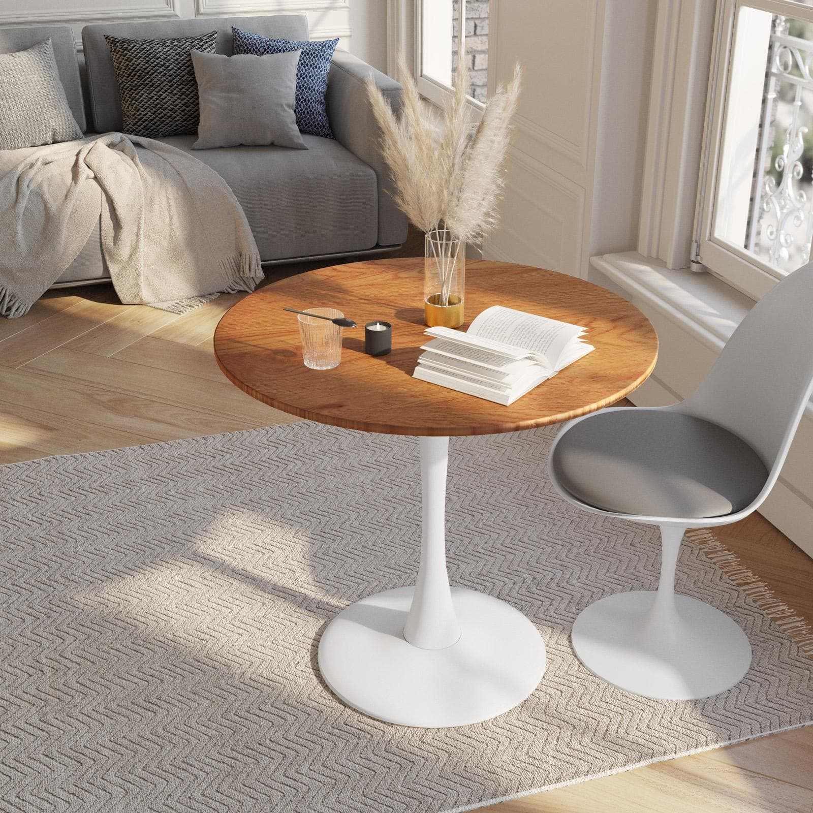 Tavolo da pranzo tondo 80 cm con top rovere e base bianca - Tulipano