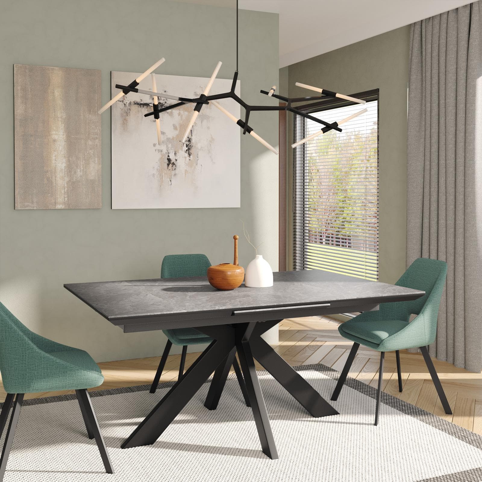 Tavolo estensibile 140-180x90 cm piano in ceramica grigio e gambe nere - Revuelto