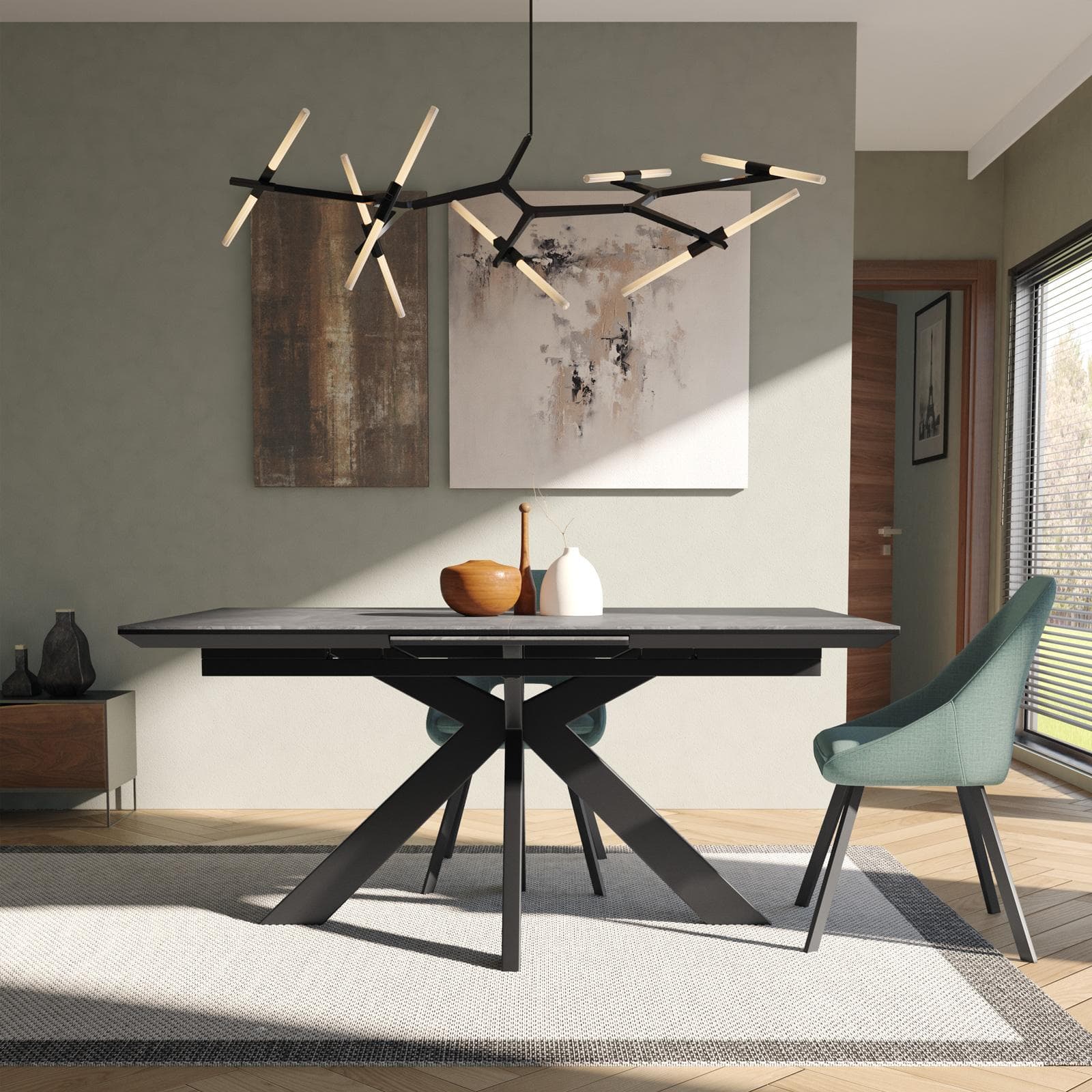 Tavolo estensibile 140-180x90 cm piano in ceramica grigio e gambe nere - Revuelto