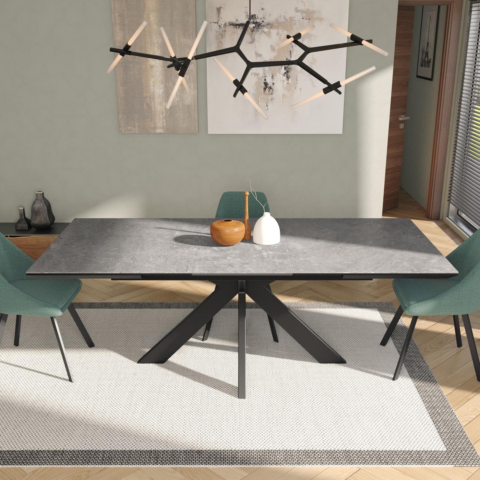 Tavolo estensibile 140-180x90 cm piano in ceramica grigio e gambe nere - Revuelto
