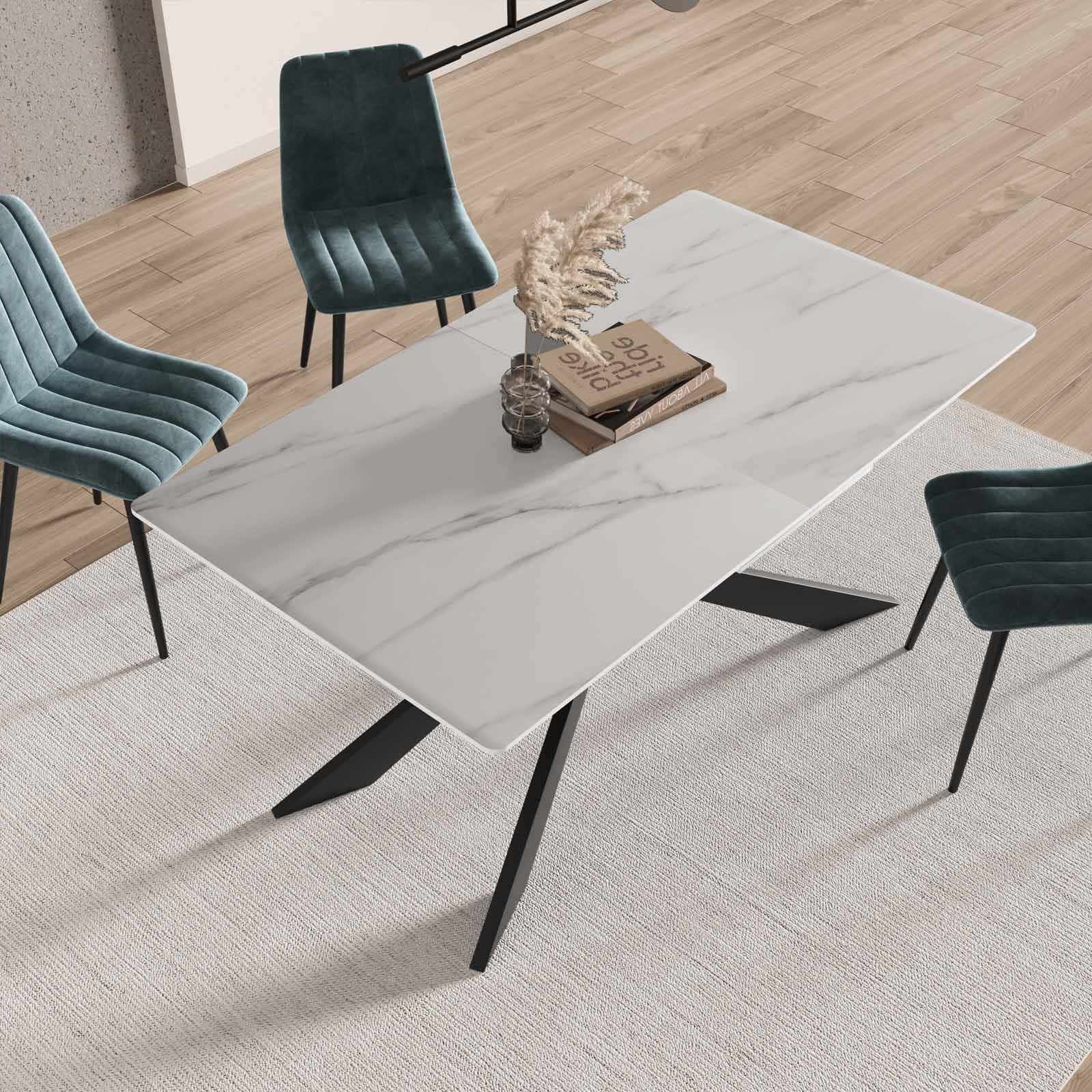 Tavolo allungabile 160-200x90 cm top in ceramica bianco effetto marmo con gambe in metallo nero - Augusto