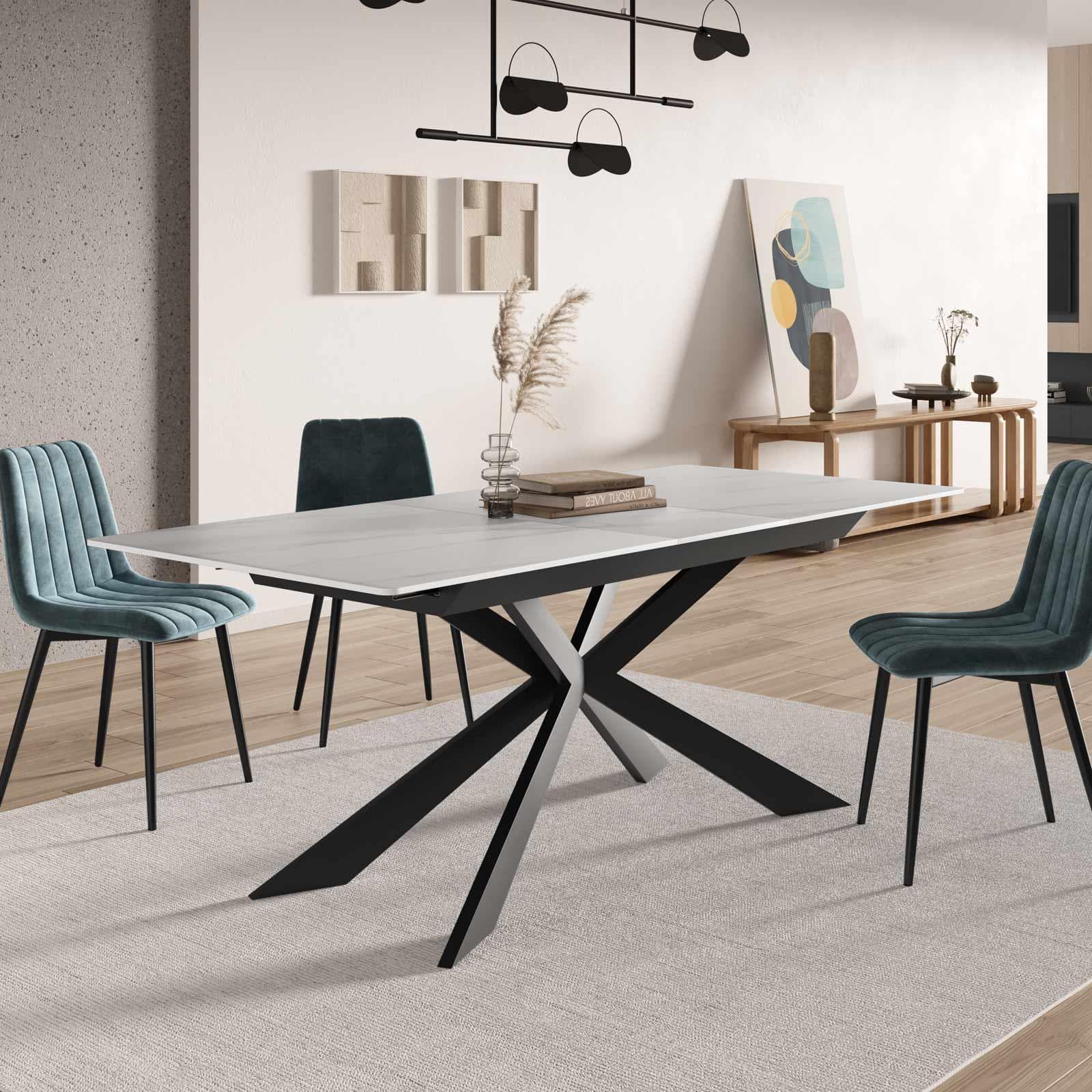 Tavolo allungabile 160-200x90 cm top in ceramica bianco effetto marmo con gambe in metallo nero - Augusto