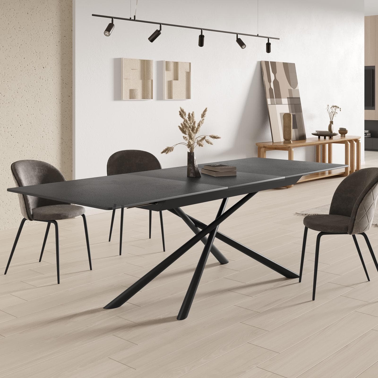 Tavolo allungabile 180-240x90 cm con top in ceramica antracite e gambe in metallo nero - Augusto